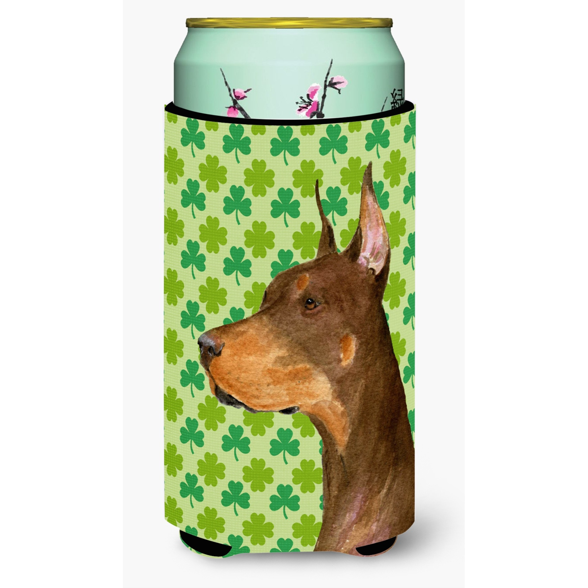 Doberman St. Patricks Day Shamrock Portrait  Tall Boy Beverage Insulator Beverage Insulator Hugger