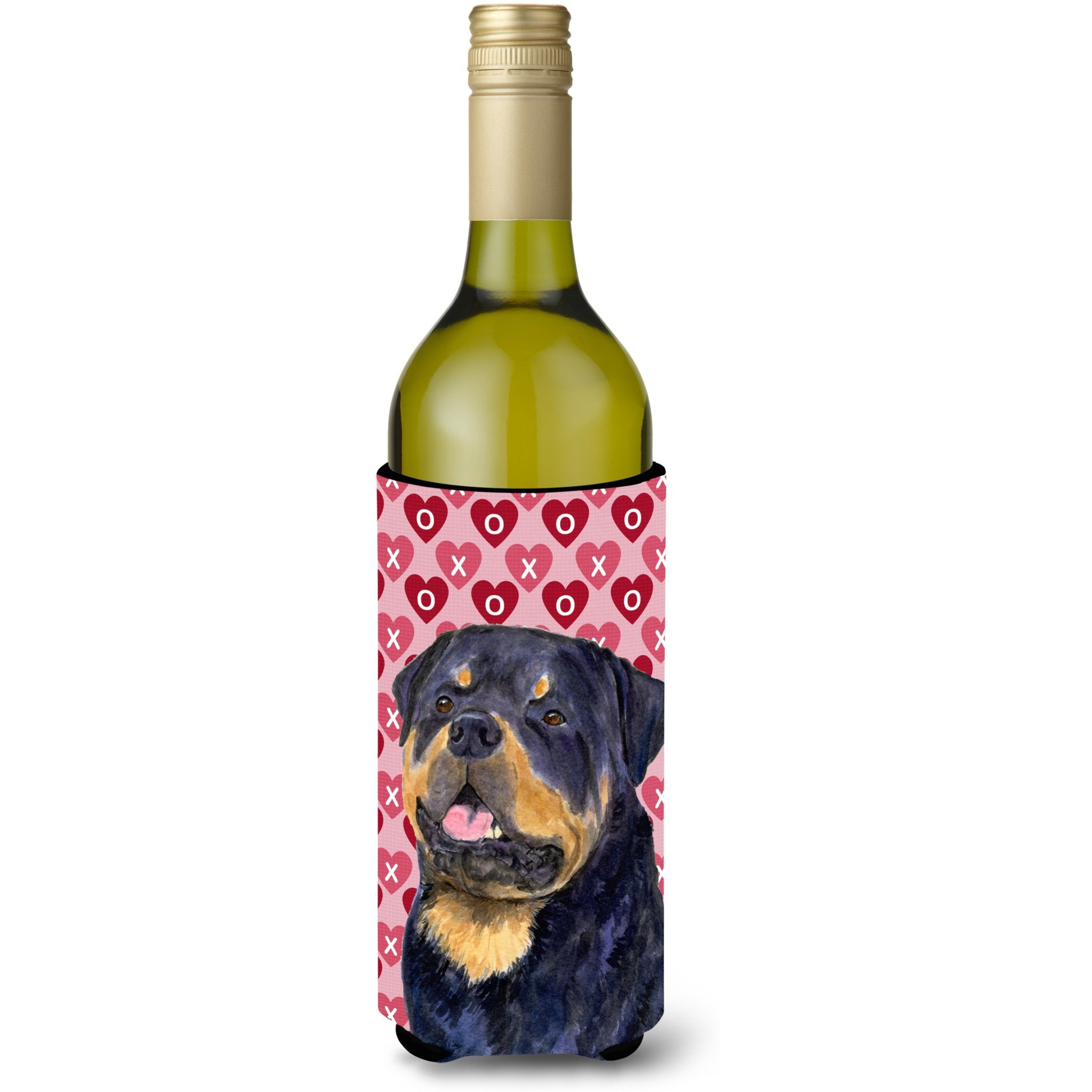 Rottweiler Hearts Love and Valentine's Day Portrait Wine Bottle Beverage Insulator Beverage Insulator Hugger