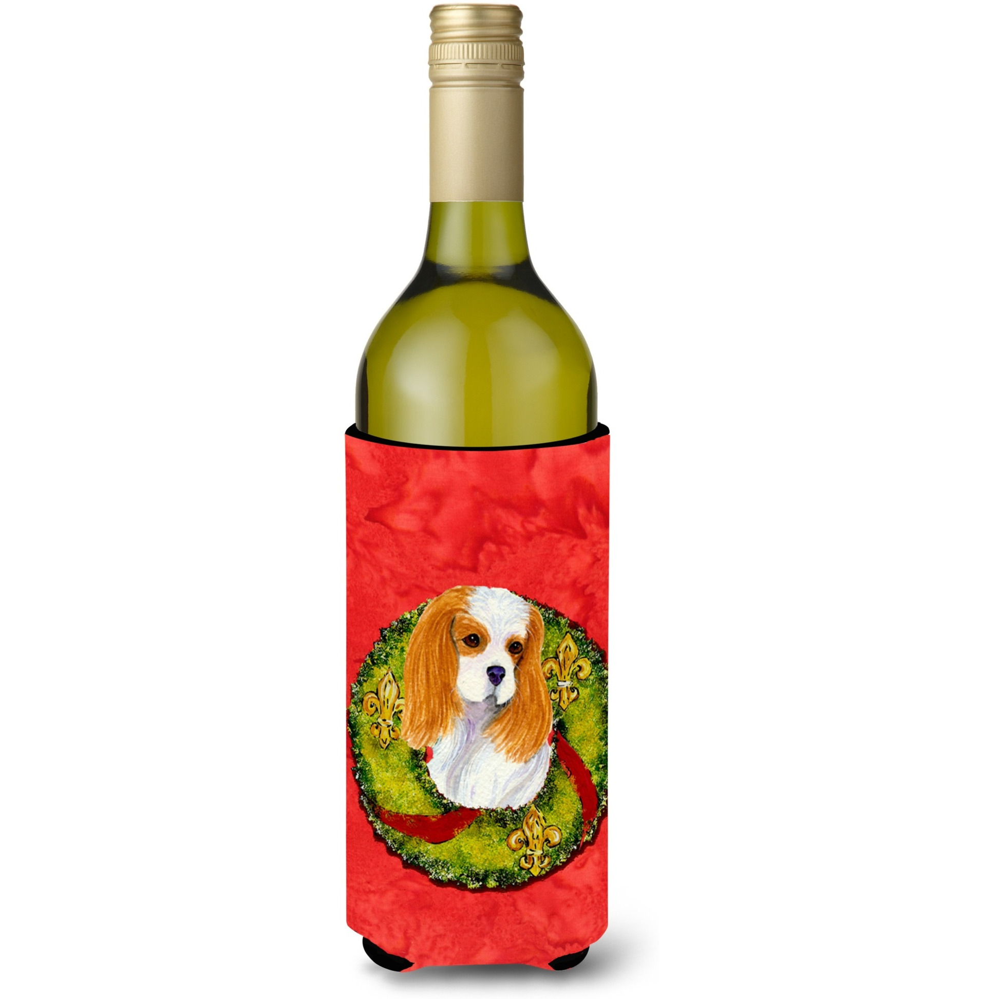 Cavalier Spaniel Cristmas Wreath Wine Bottle Beverage Insulator Beverage Insulator Hugger