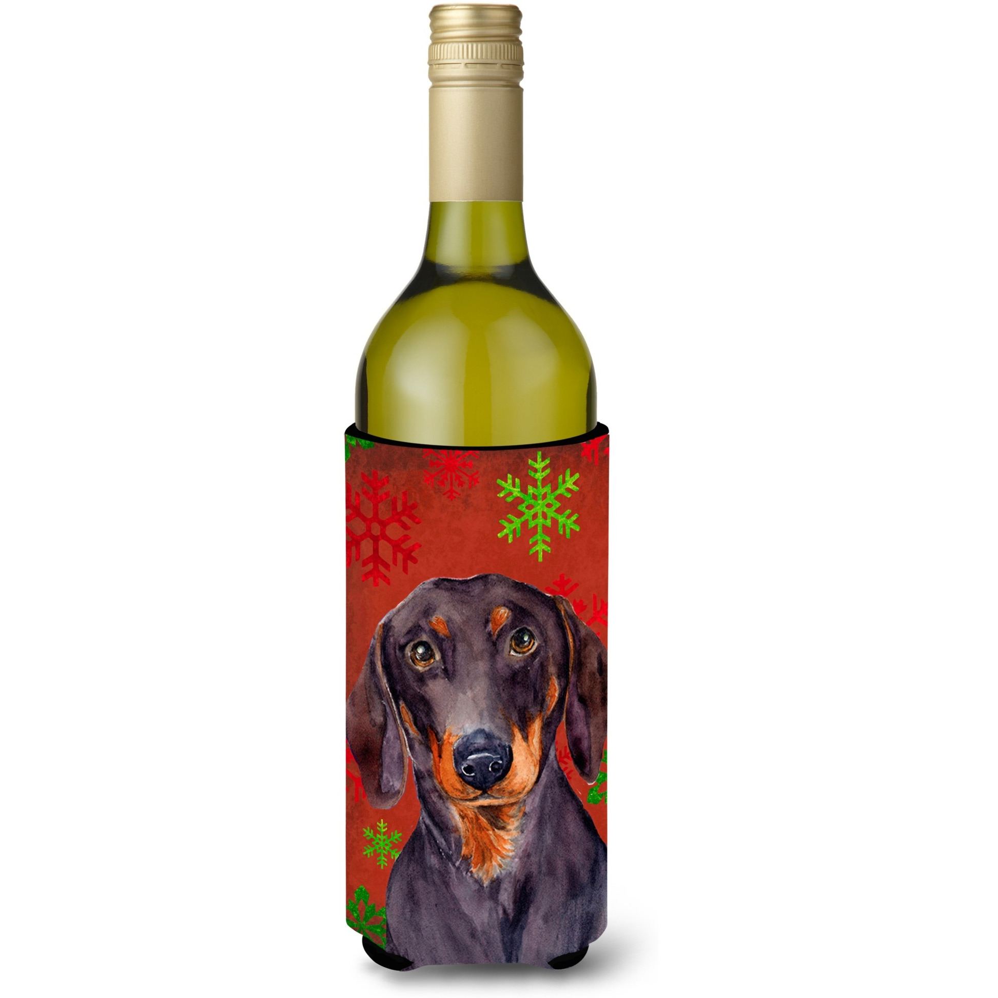 Dachshund Red and Green Snowflakes Holiday Christmas Wine Bottle Beverage Insulator Beverage Insulator Hugger