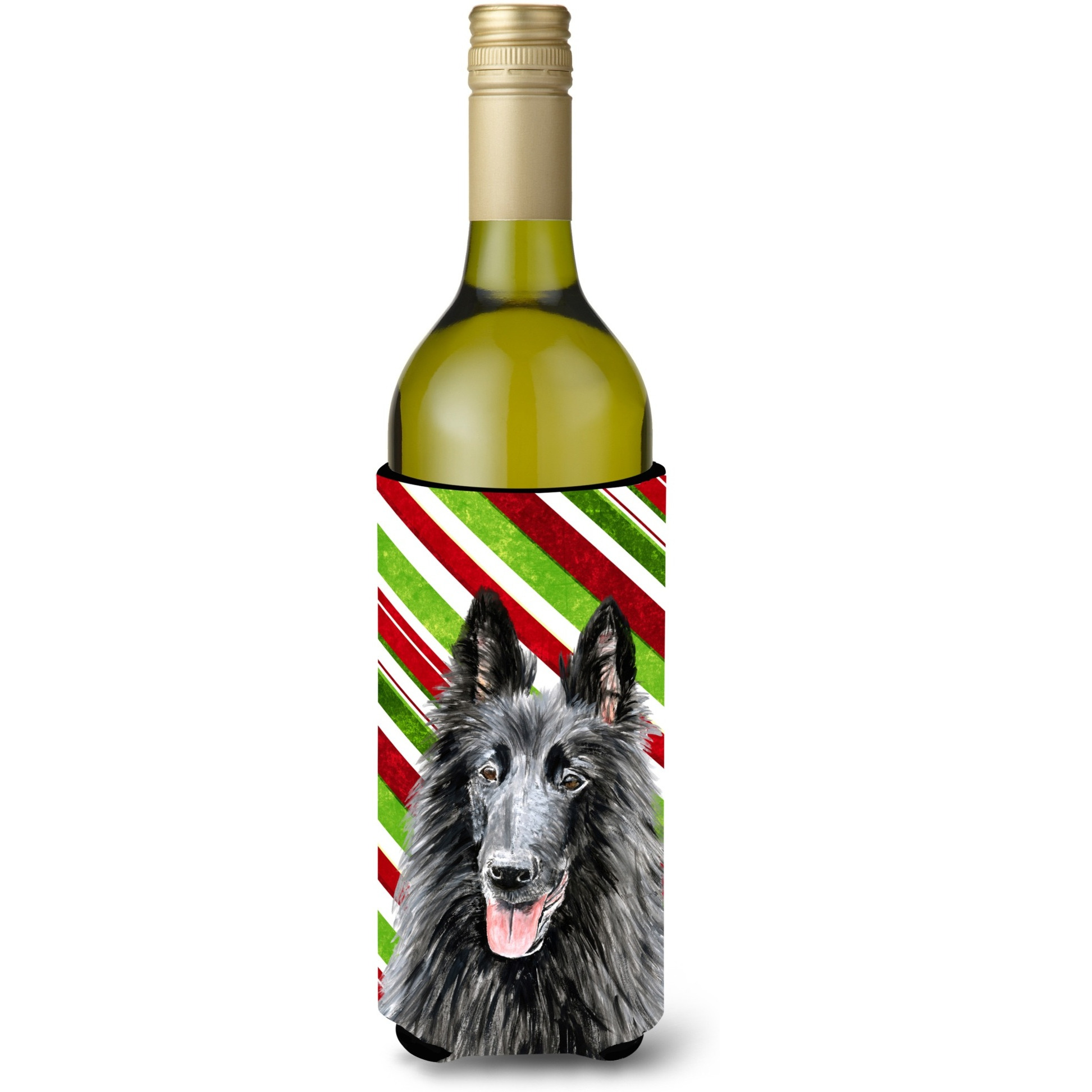 Belgian Sheepdog Candy Cane Holiday Christmas Wine Bottle Beverage Insulator Beverage Insulator Hugger