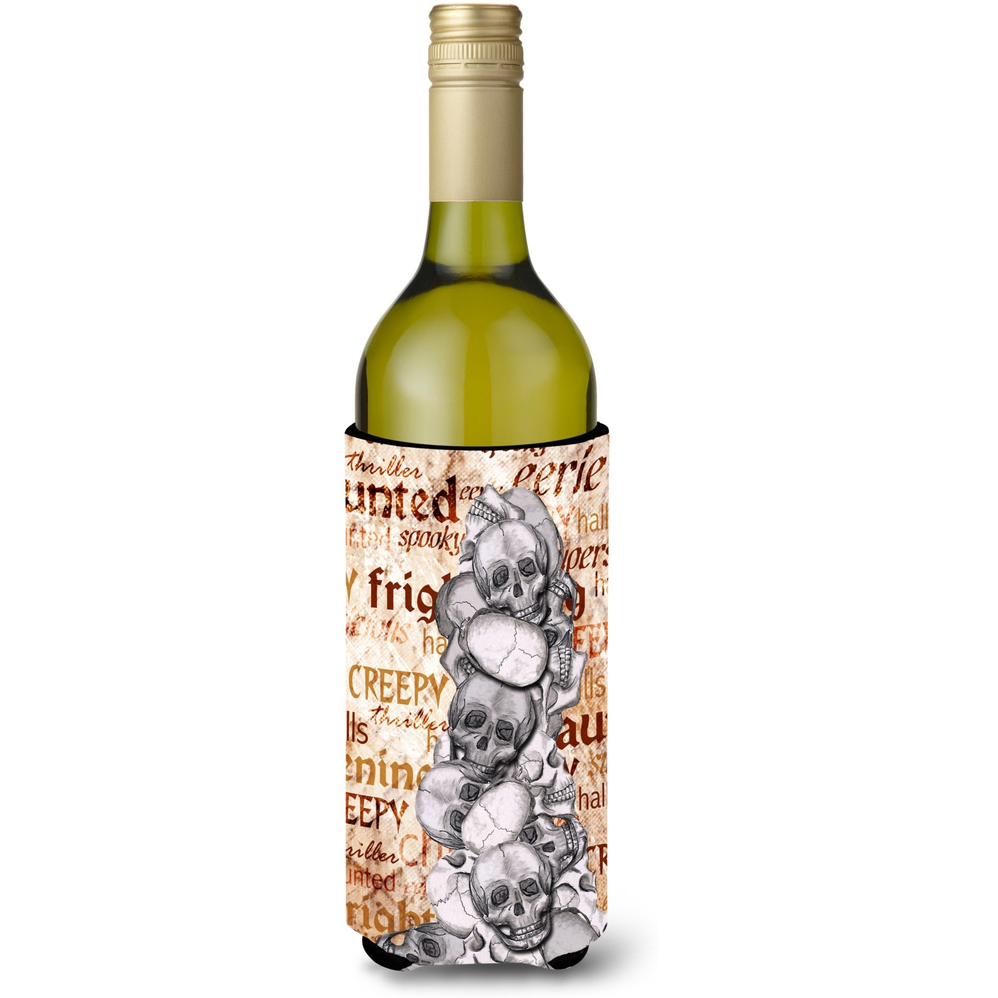 &quotCreepy, Haunted and Frightful with skulls Halloween Wine Bottle Beverage Insulator Beverage Insulator Hugger"