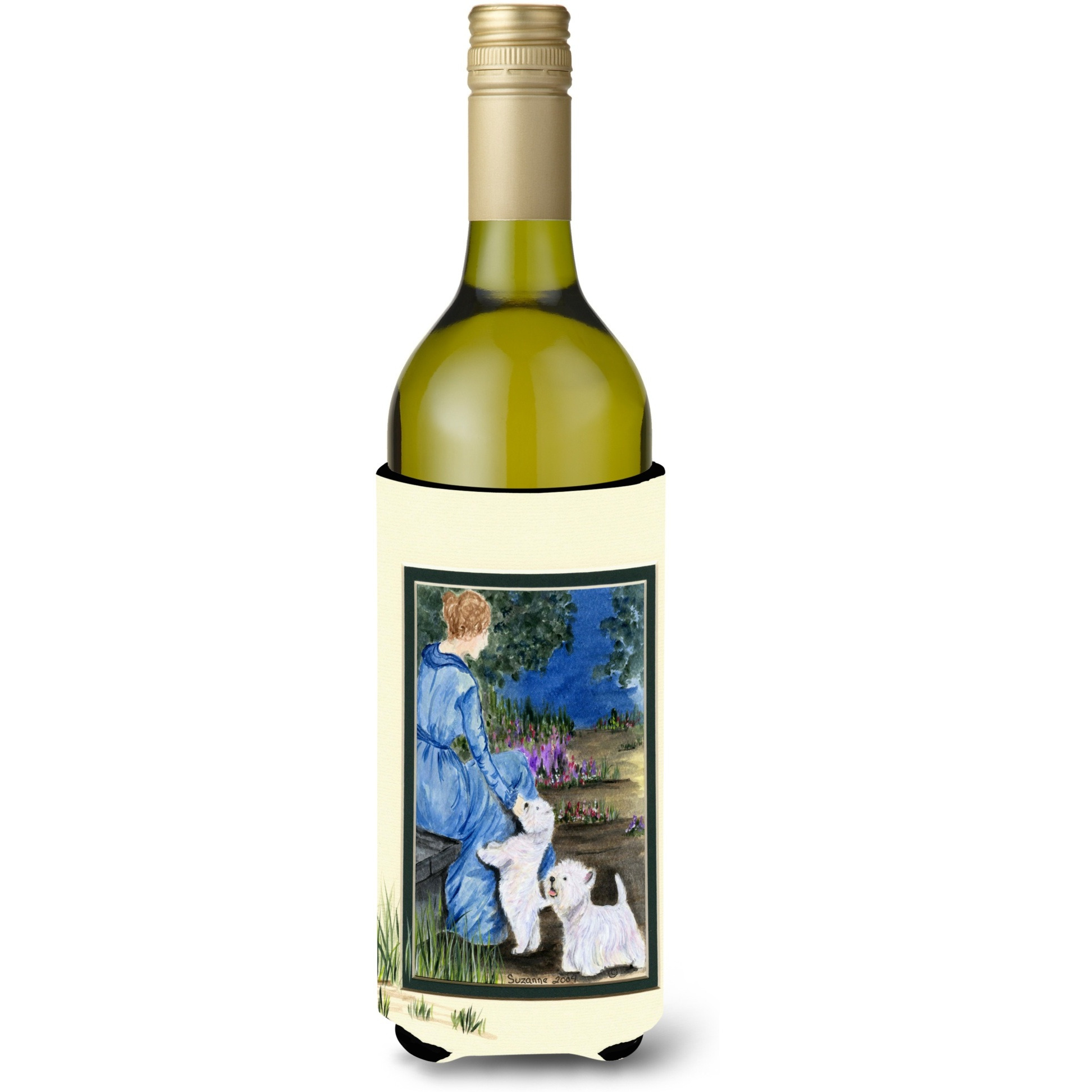 Lady with her  Westie Wine Bottle Beverage Insulator Beverage Insulator Hugger