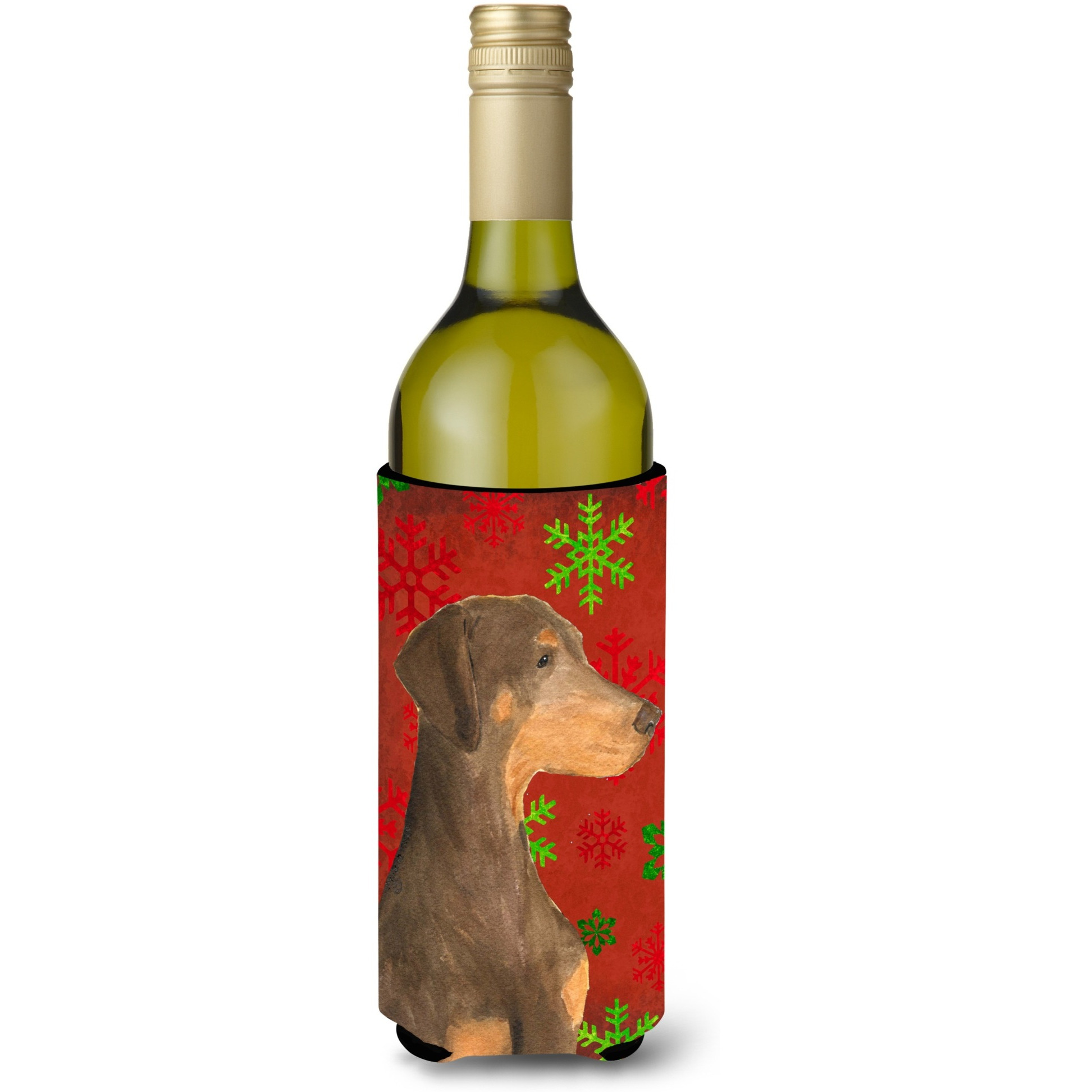 Doberman  Snowflakes Holiday Christmas Wine Bottle Beverage Insulator Beverage Insulator Hugger