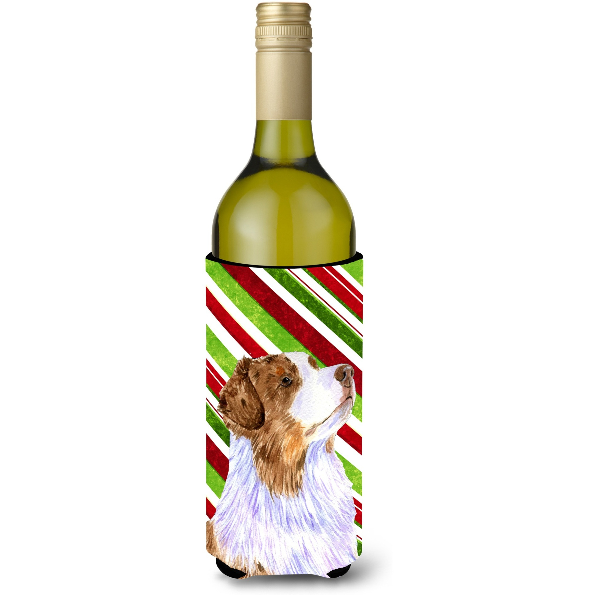 Australian Shepherd Candy Cane Holiday Christmas Wine Bottle Beverage Insulator Beverage Insulator Hugger