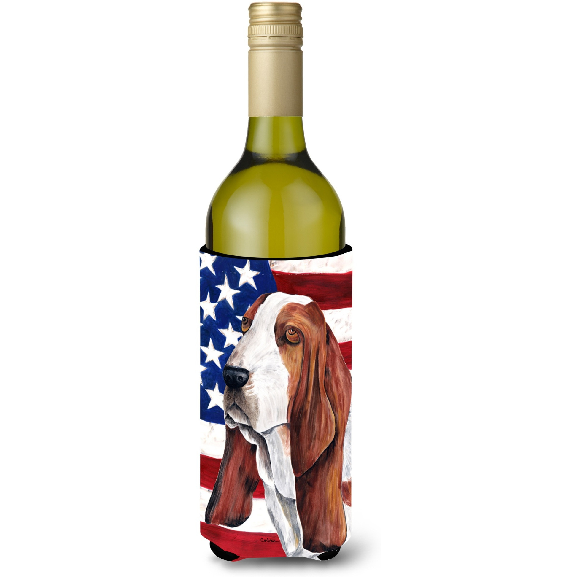 USA American Flag with Basset Hound Wine Bottle Beverage Insulator Beverage Insulator Hugger SC9004LITERK