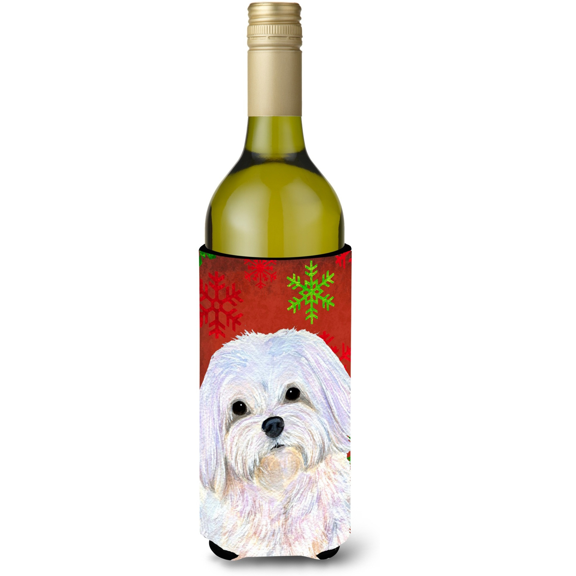 Maltese  Snowflakes Holiday Christmas Wine Bottle Beverage Insulator Beverage Insulator Hugger