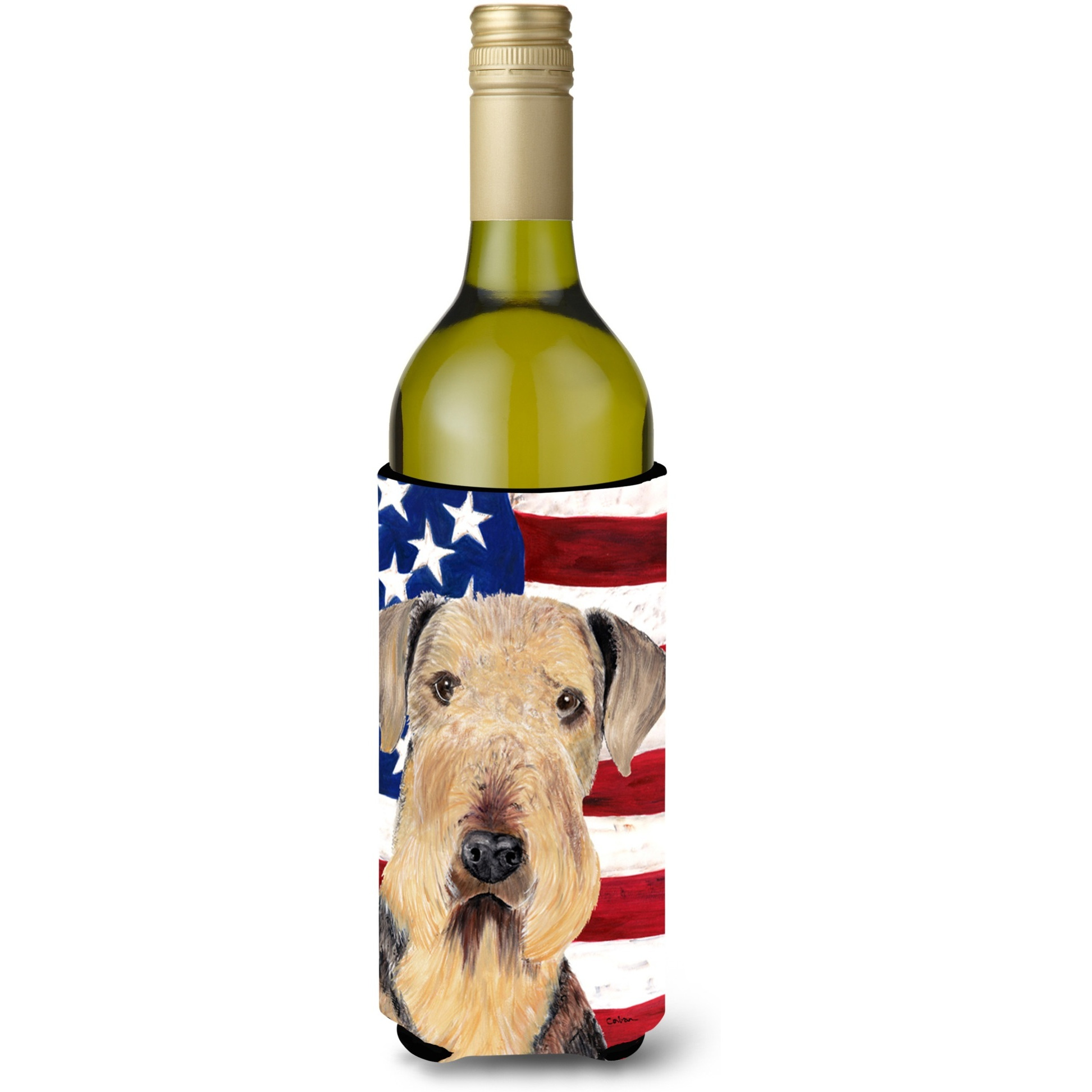 USA American Flag with Airedale Wine Bottle Beverage Insulator Beverage Insulator Hugger SC9007LITERK