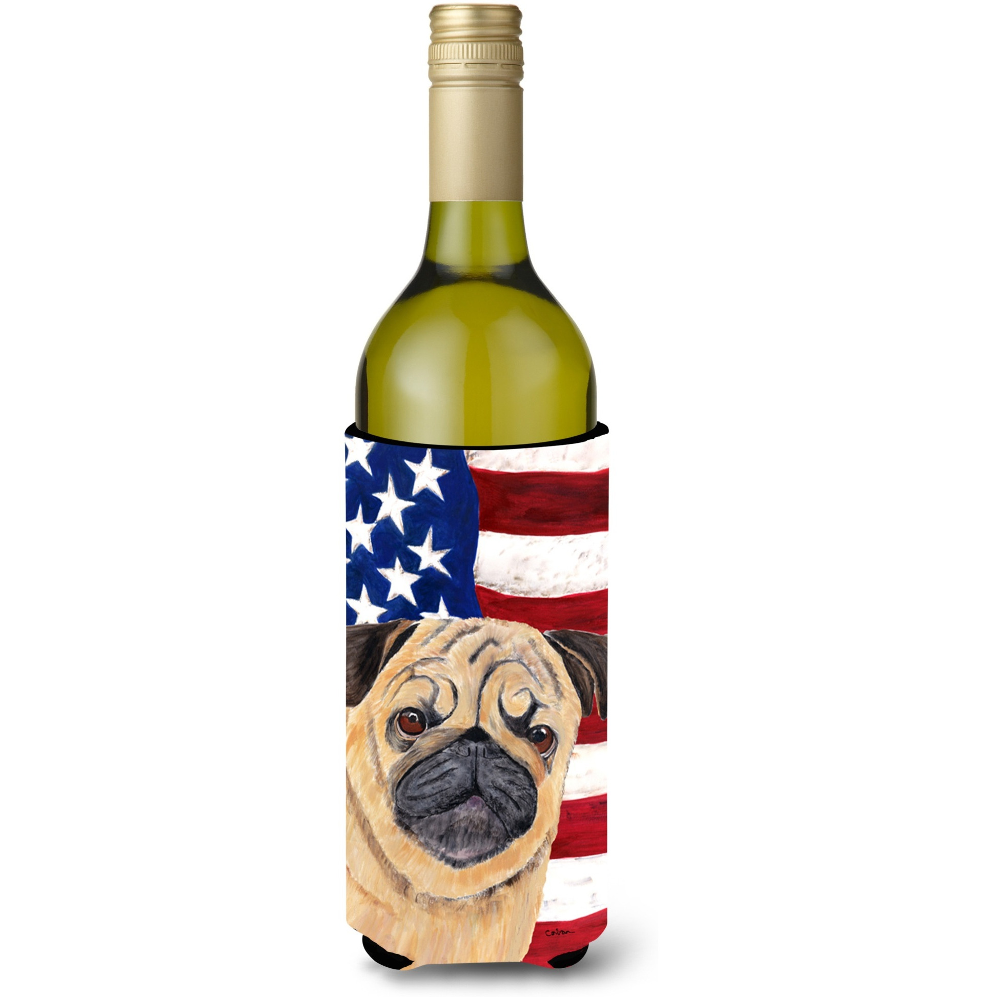 USA American Flag with Pug Wine Bottle Beverage Insulator Beverage Insulator Hugger SC9006LITERK