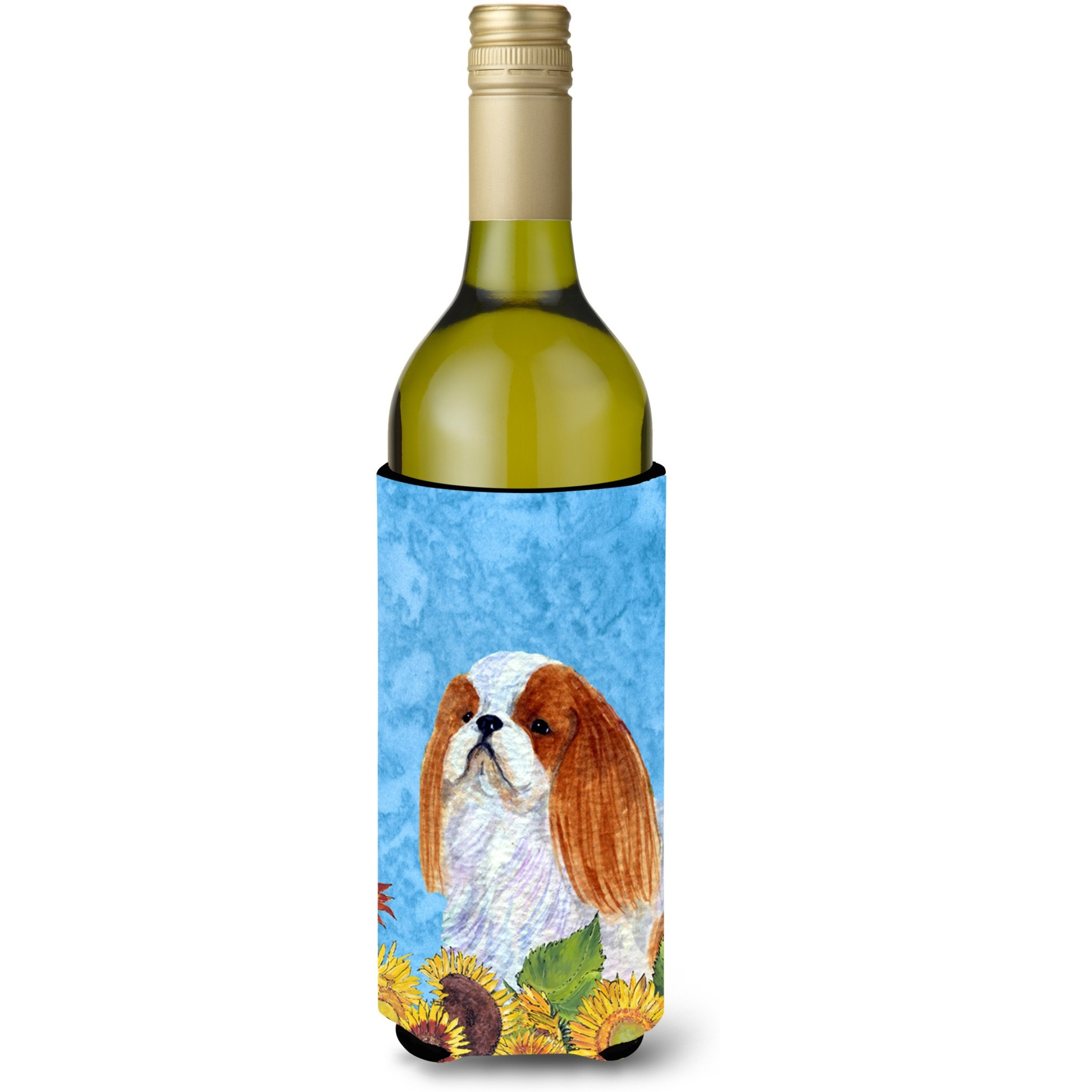 English Toy Spaniel in Summer Flowers Wine Bottle Beverage Insulator Beverage Insulator Hugger