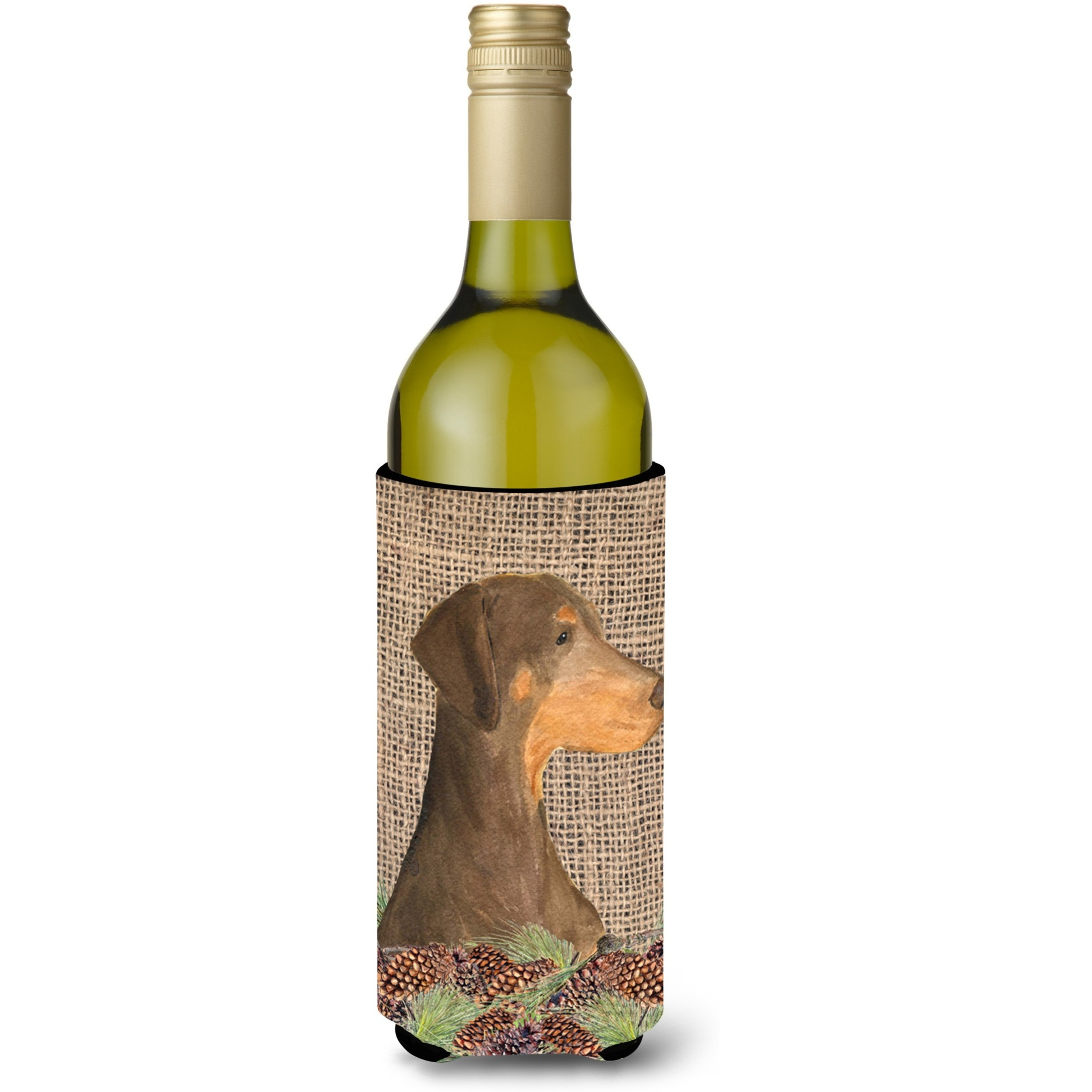 Doberman on Faux Burlap with Pine Cones Wine Bottle Beverage Insulator Beverage Insulator Hugger