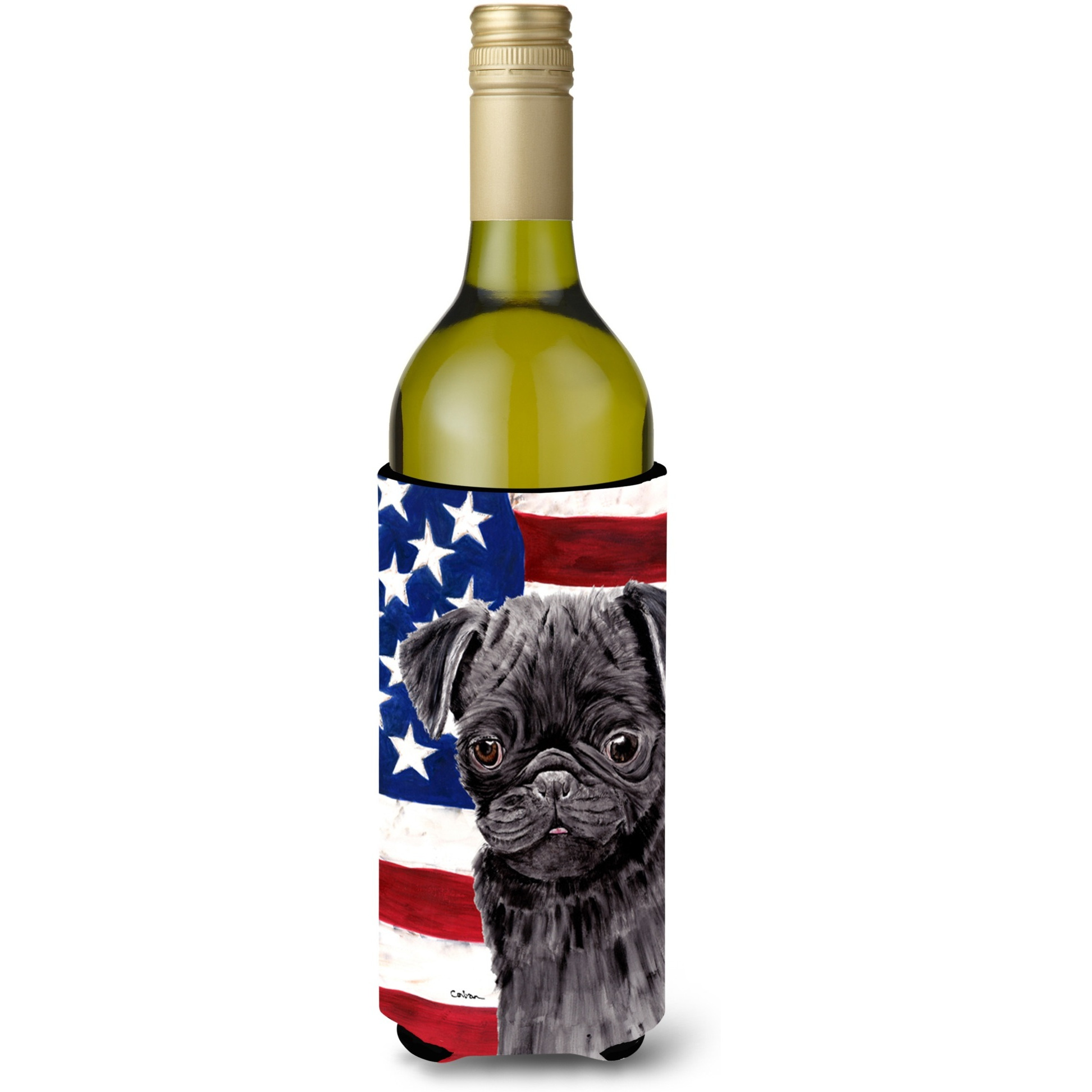 USA American Flag with Pug Wine Bottle Beverage Insulator Beverage Insulator Hugger SC9011LITERK