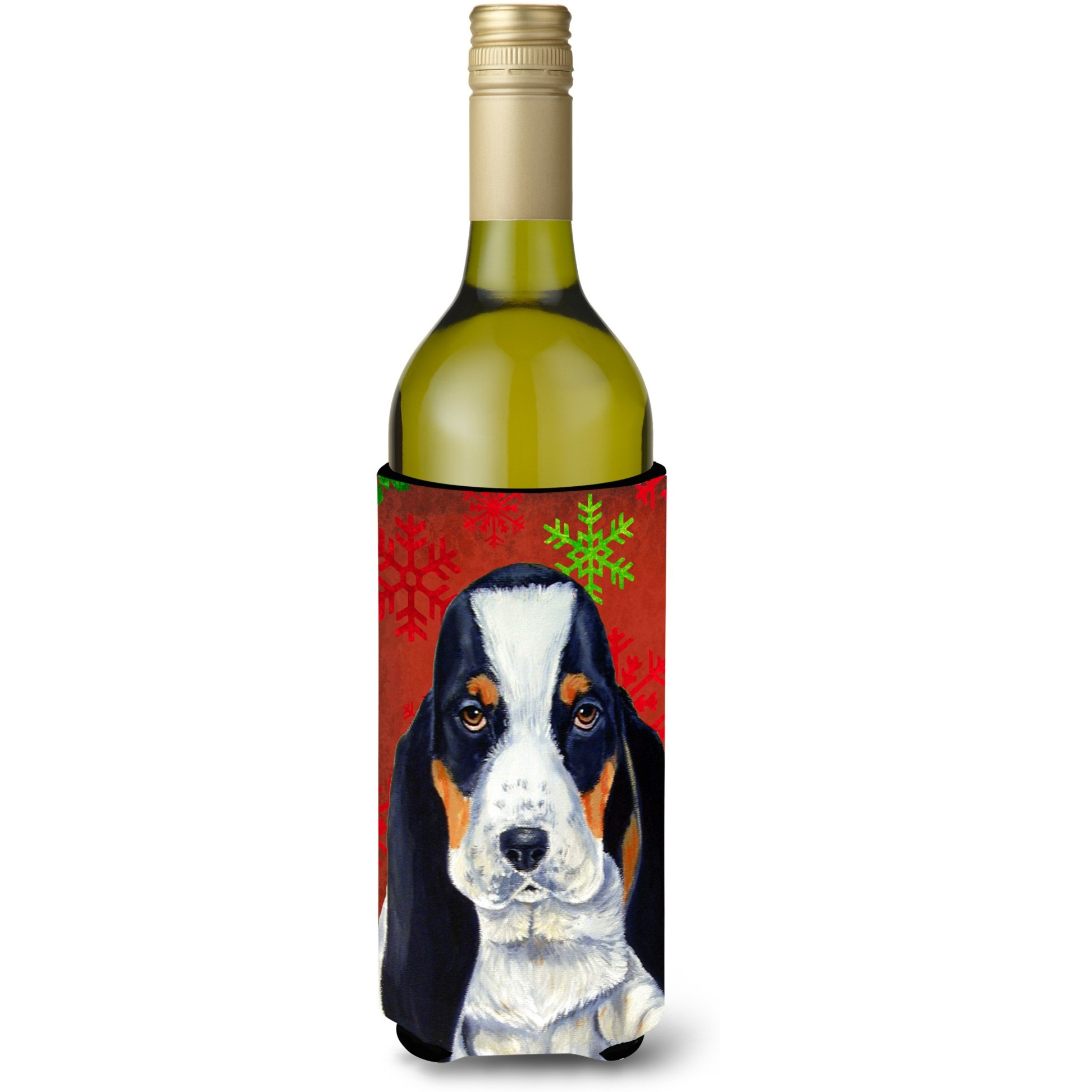 Basset Hound Snowflakes Holiday Christmas Wine Bottle Beverage Insulator Beverage Insulator Hugger