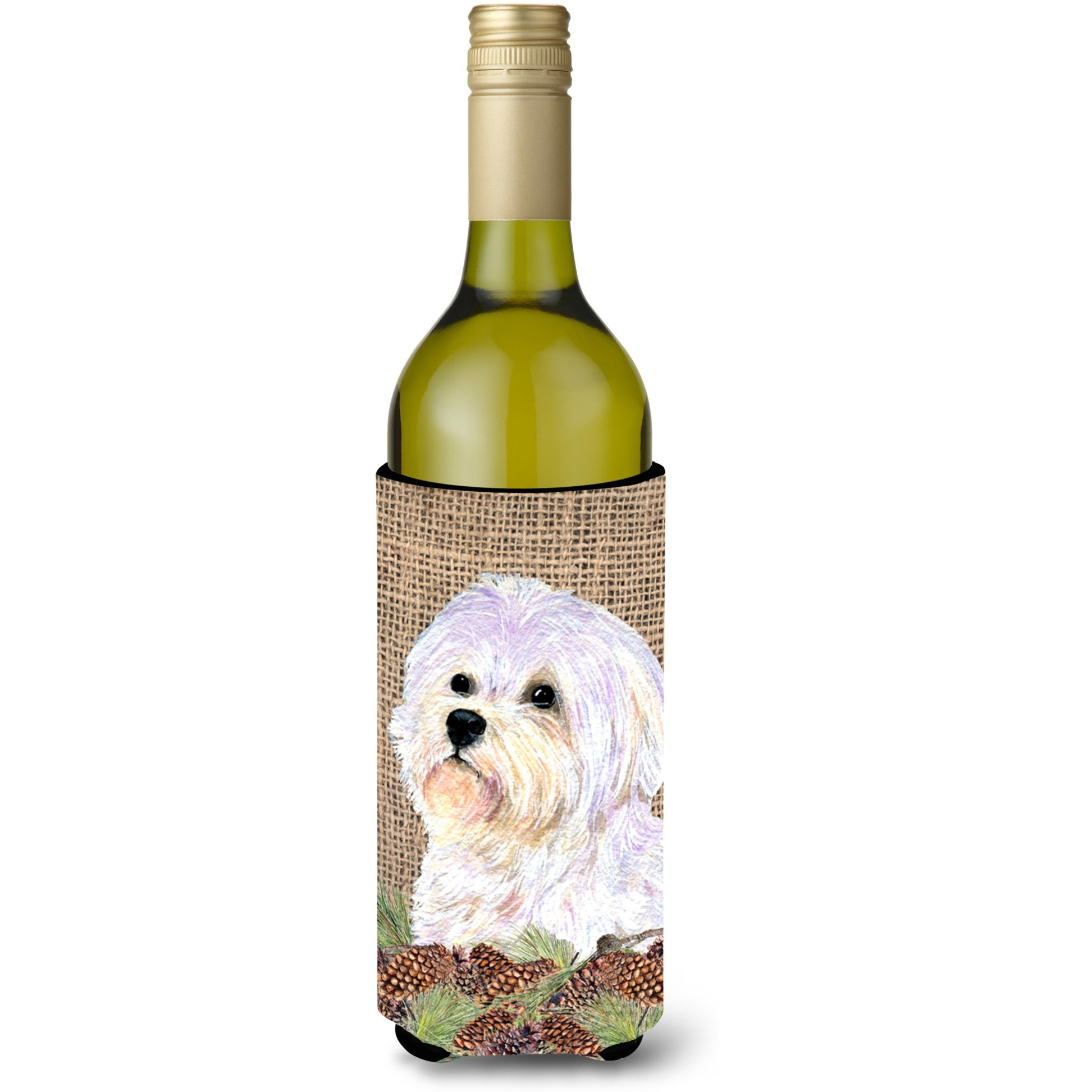 Maltese on Faux Burlap with Pine Cones Wine Bottle Beverage Insulator Beverage Insulator Hugger
