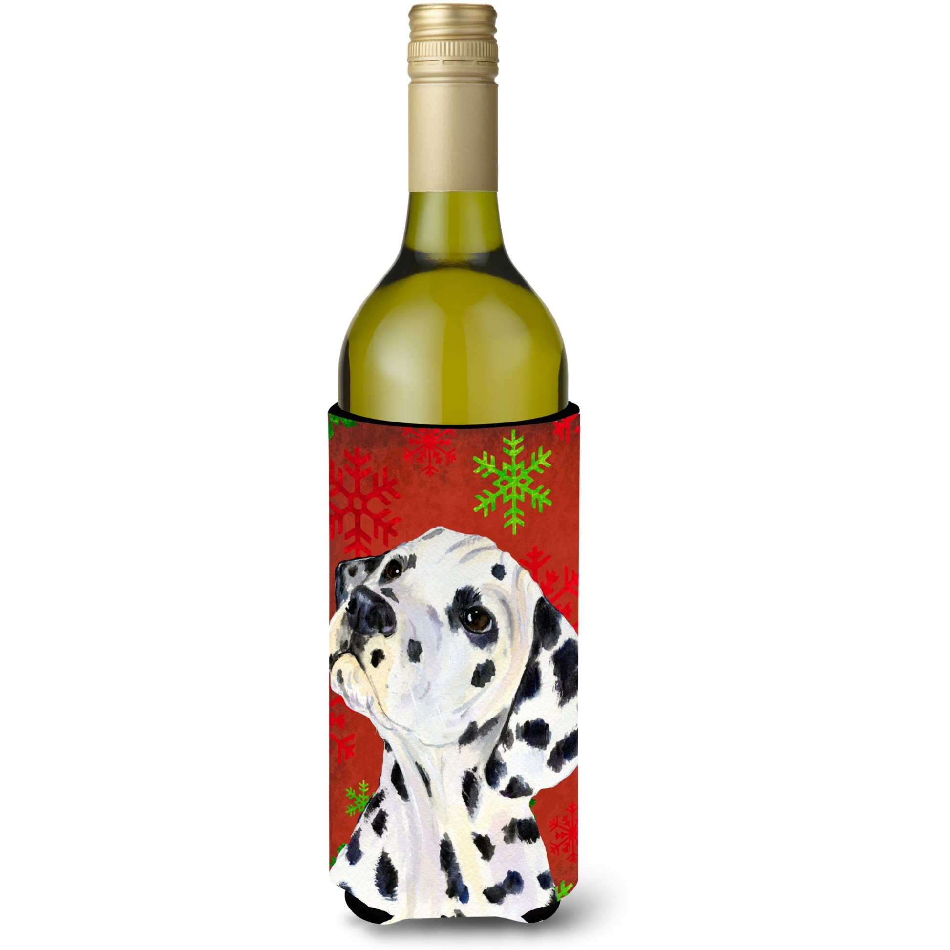 Dalmatian Red and Green Snowflakes Holiday Christmas Wine Bottle Beverage Insulator Beverage Insulator Hugger