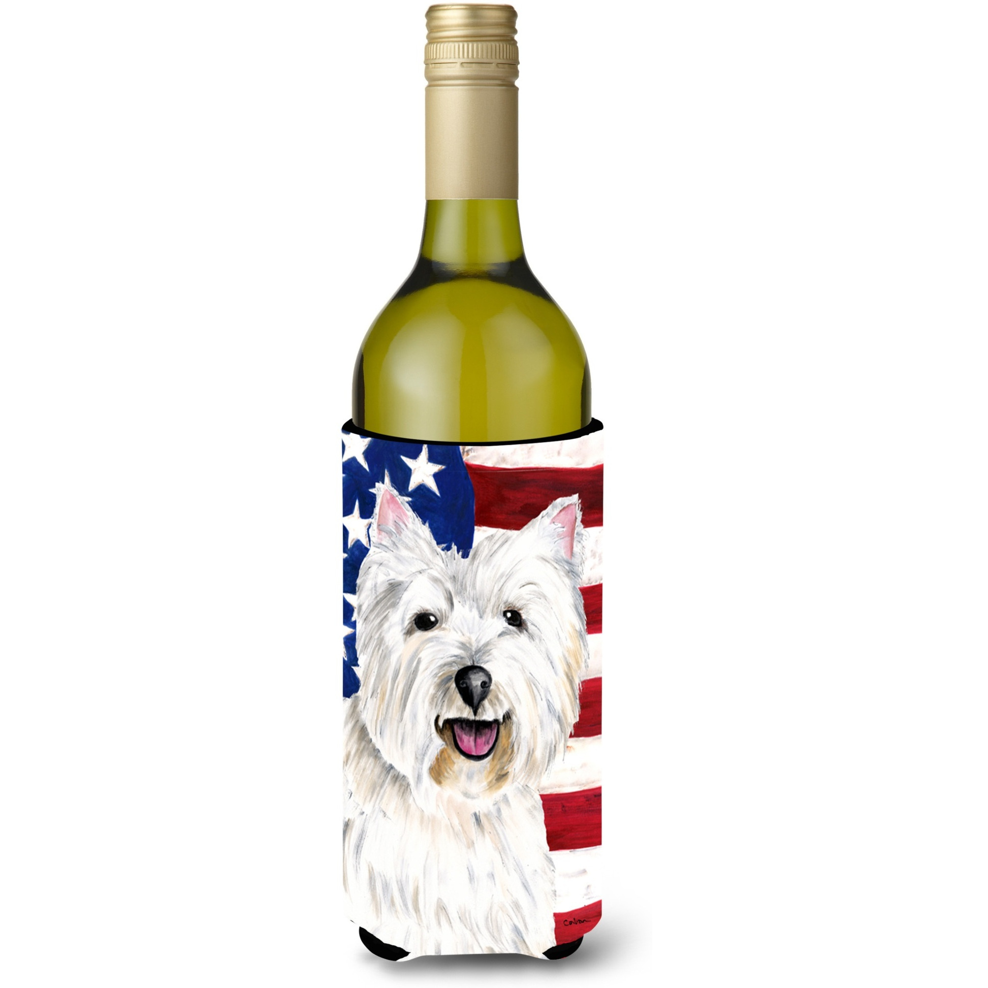 USA American Flag with Westie Wine Bottle Beverage Insulator Beverage Insulator Hugger