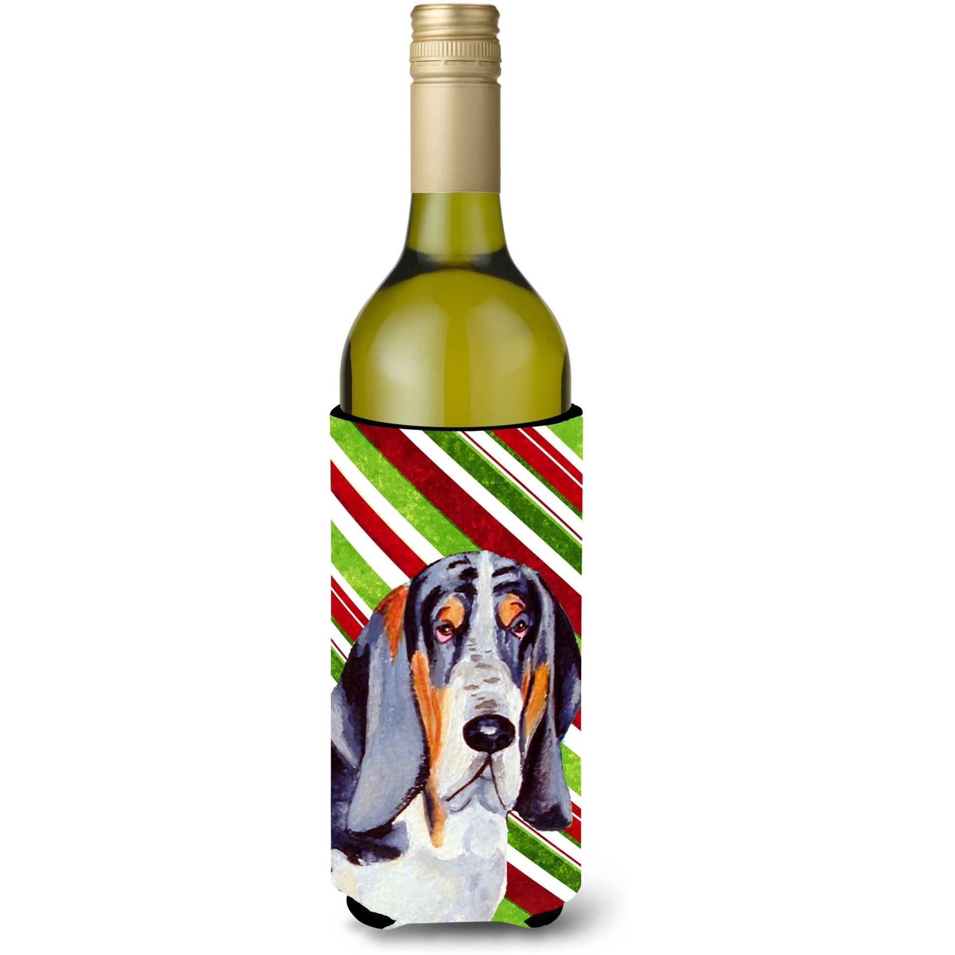 Basset Hound Candy Cane Holiday Christmas Wine Bottle Beverage Insulator Beverage Insulator Hugger