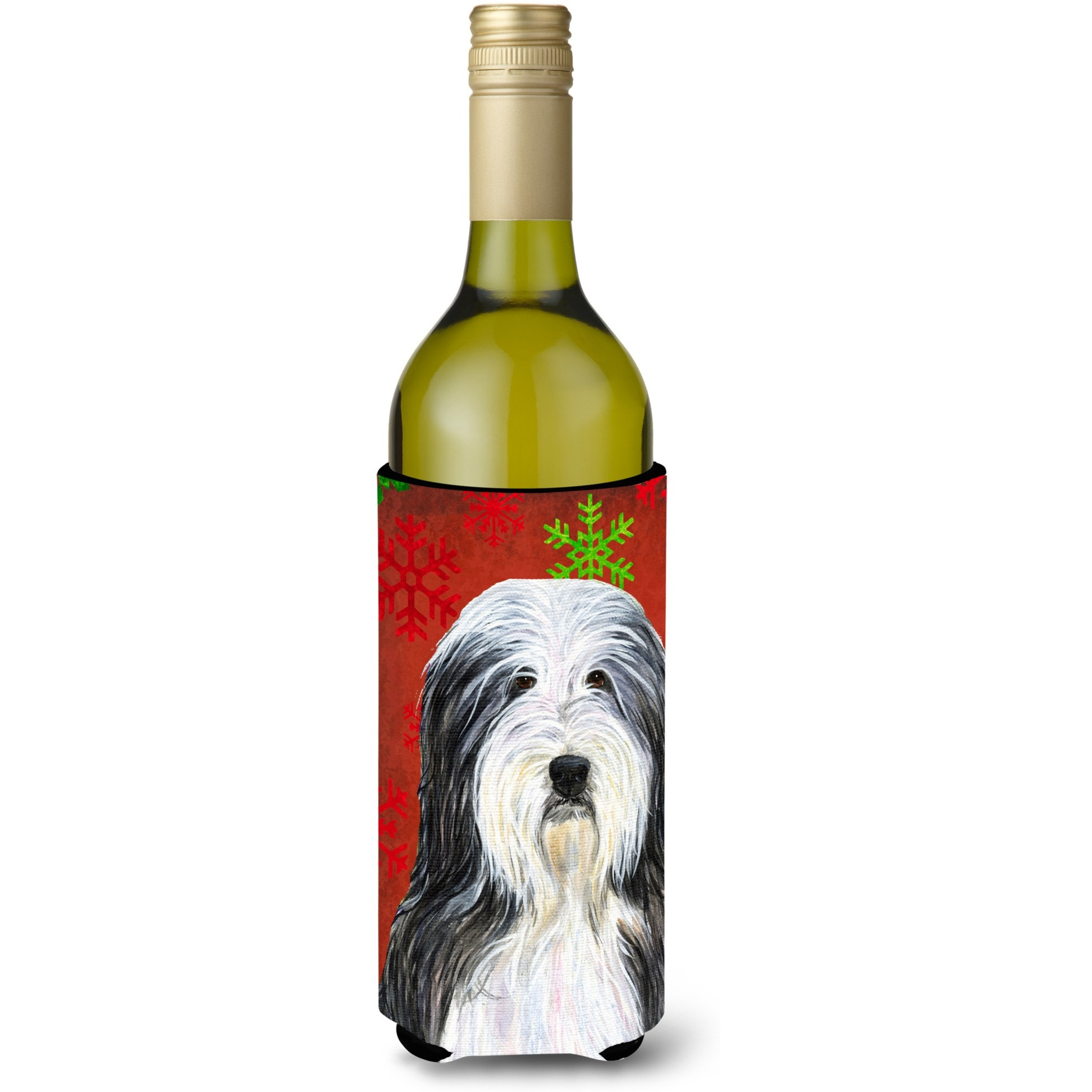 Bearded Collie Red and Green Snowflakes Holiday Christmas Wine Bottle Beverage Insulator