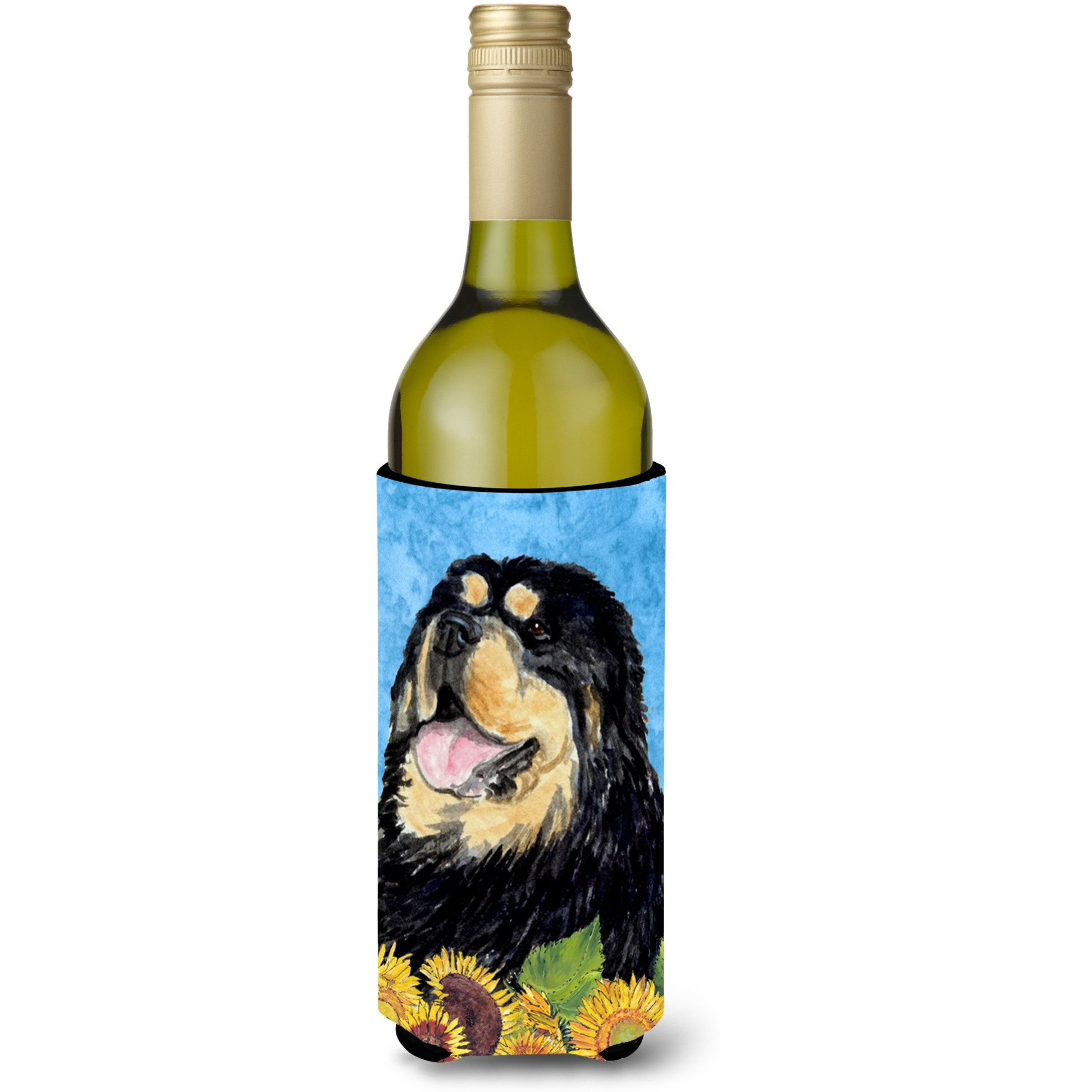 Tibetan Mastiff in Summer Flowers Wine Bottle Beverage Insulator Beverage Insulator Hugger