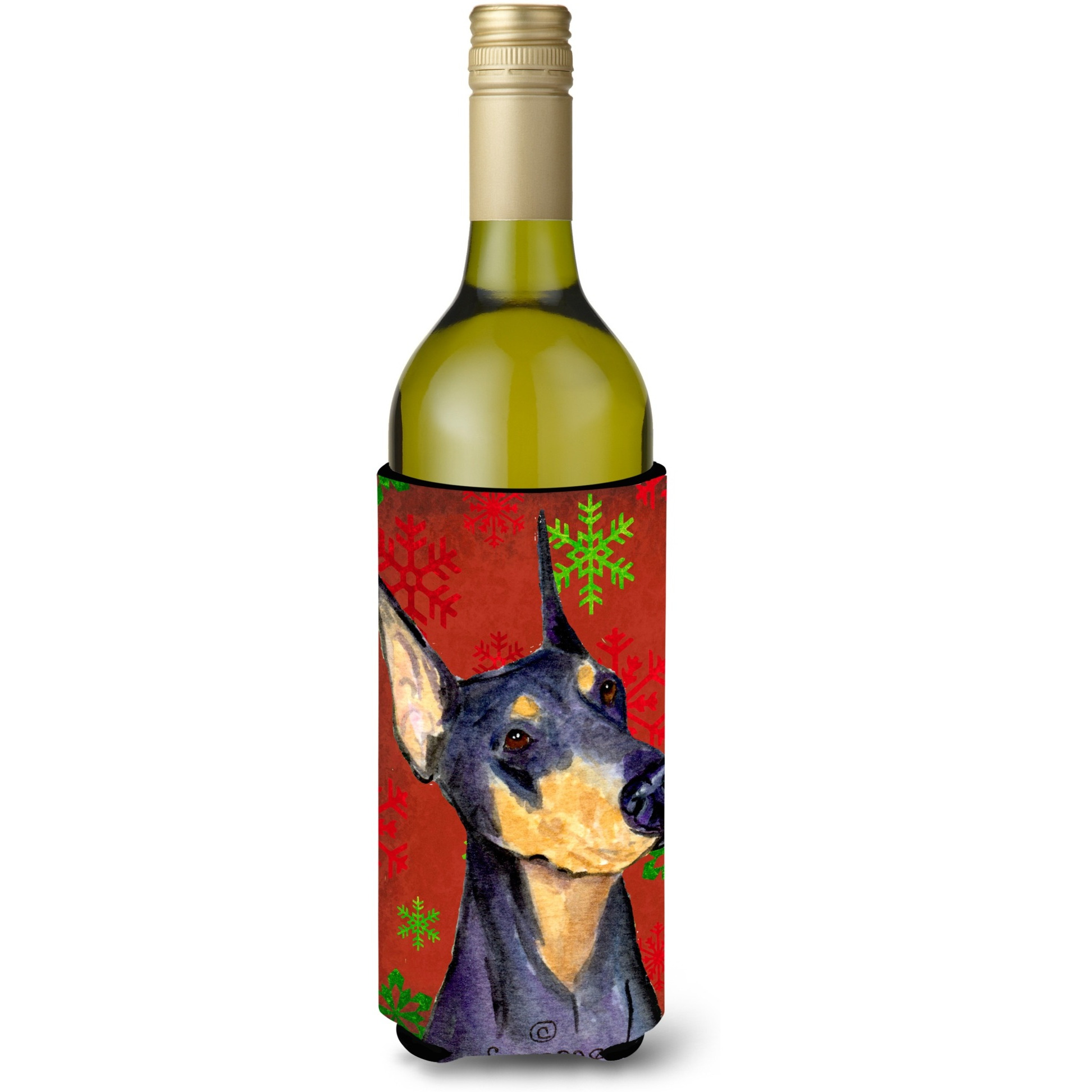 Doberman Red and Green Snowflakes Holiday Christmas Wine Bottle Beverage Insulator