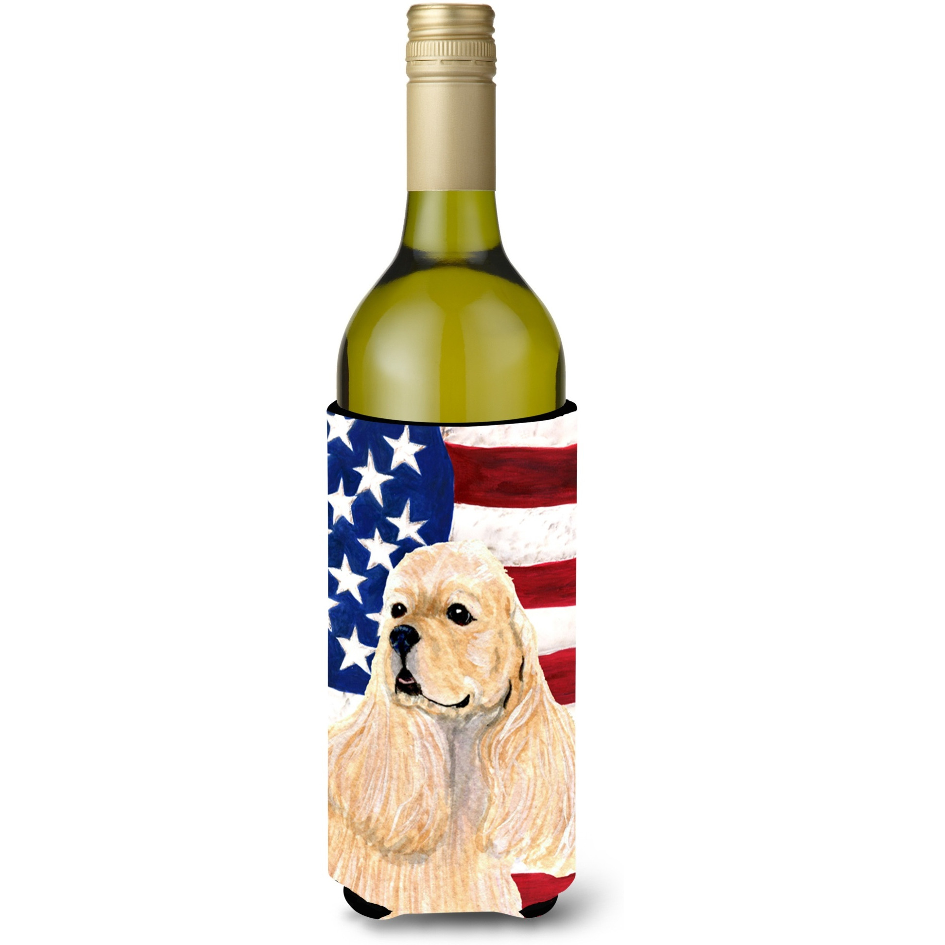 USA American Flag with Cocker Spaniel Wine Bottle Beverage Insulator Beverage Insulator Hugger