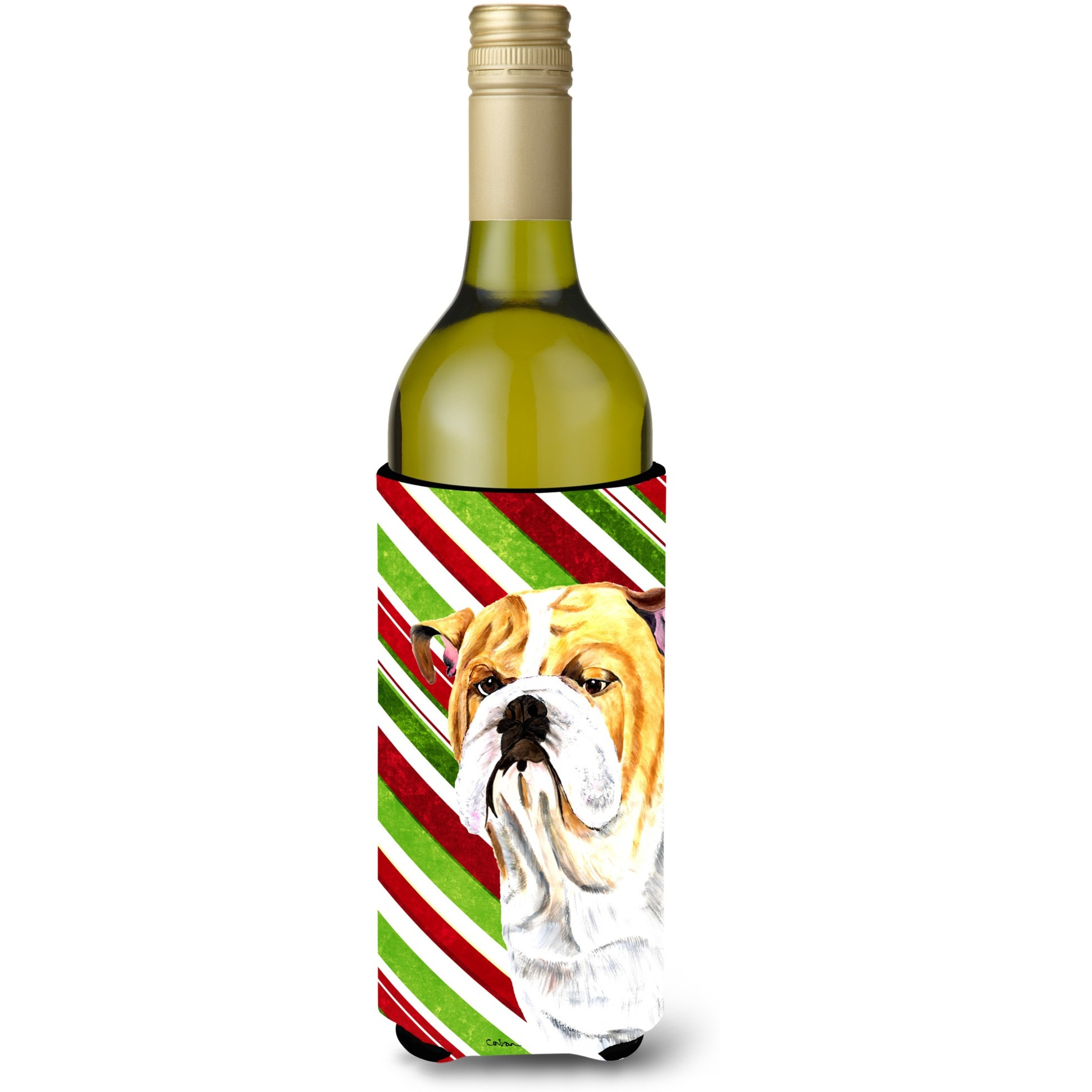 Bulldog English Candy Cane Holiday Christmas Wine Bottle Beverage Insulator Beverage Insulator Hugger