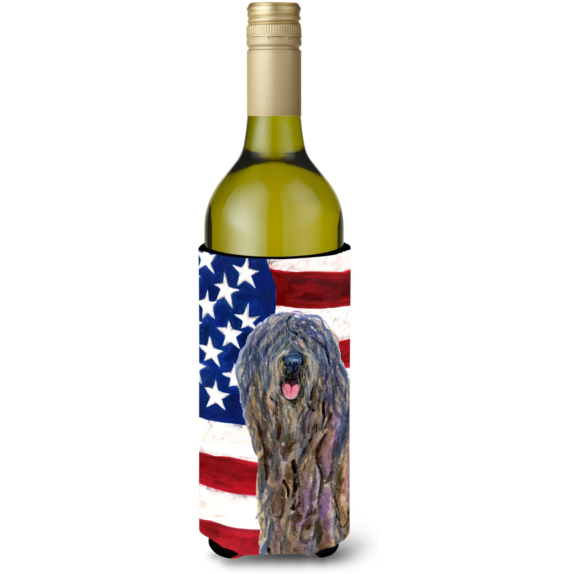 USA American Flag with Bergamasco Sheepdog Wine Bottle Beverage Insulator Beverage Insulator Hugger