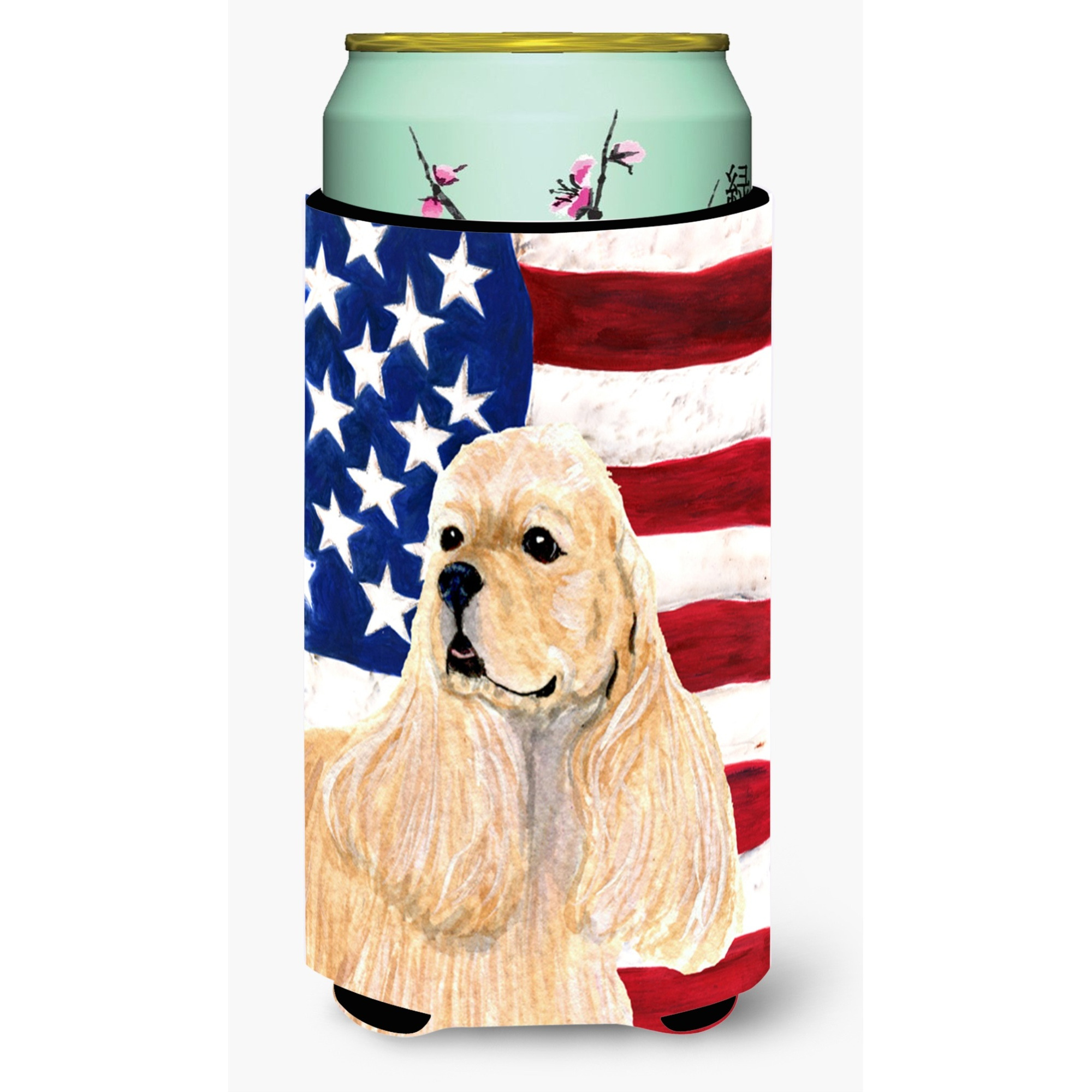USA American Flag with Cocker Spaniel  Tall Boy Beverage Insulator Beverage Insulator Hugger