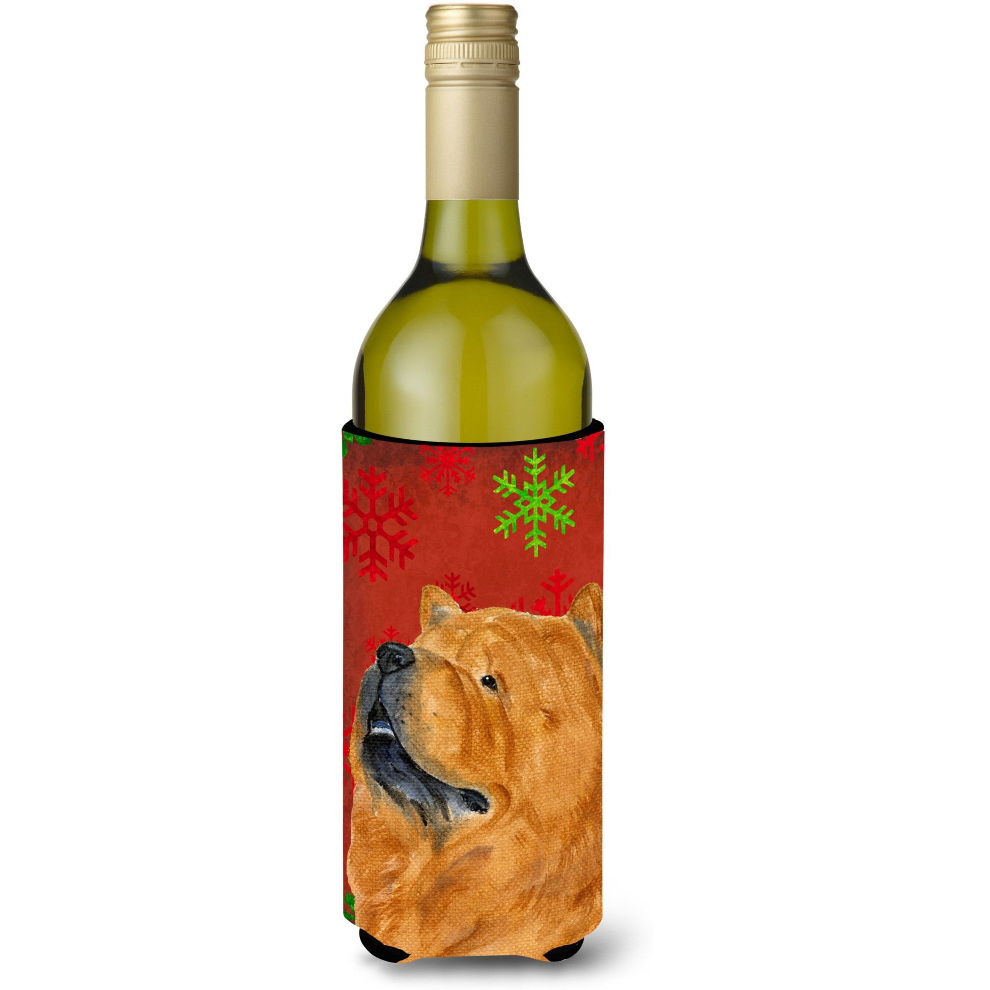 Chow Chow Red and Green Snowflakes Holiday Christmas Wine Bottle Beverage Insulator