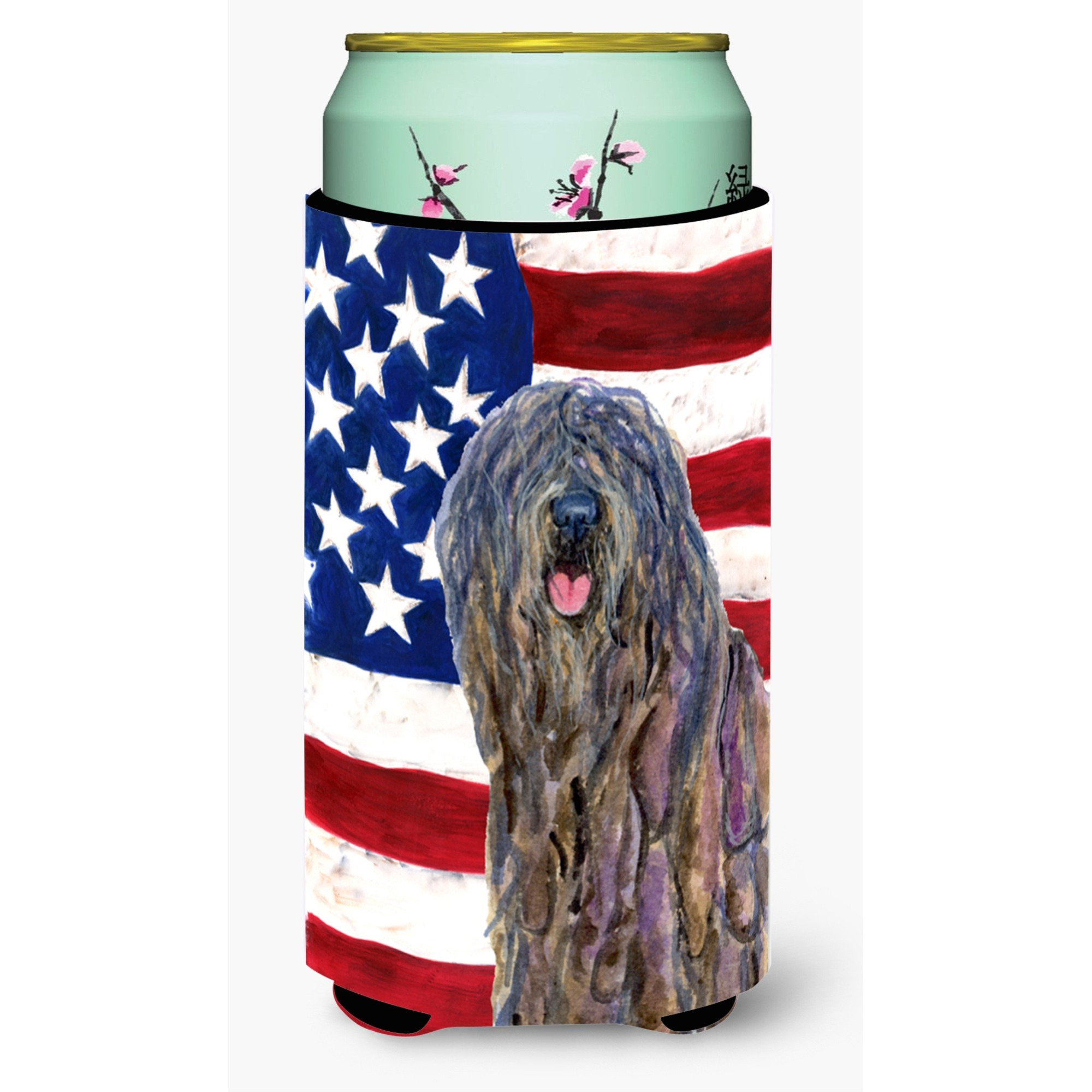 USA American Flag with Bergamasco Sheepdog  Tall Boy Beverage Insulator Beverage Insulator Hugger