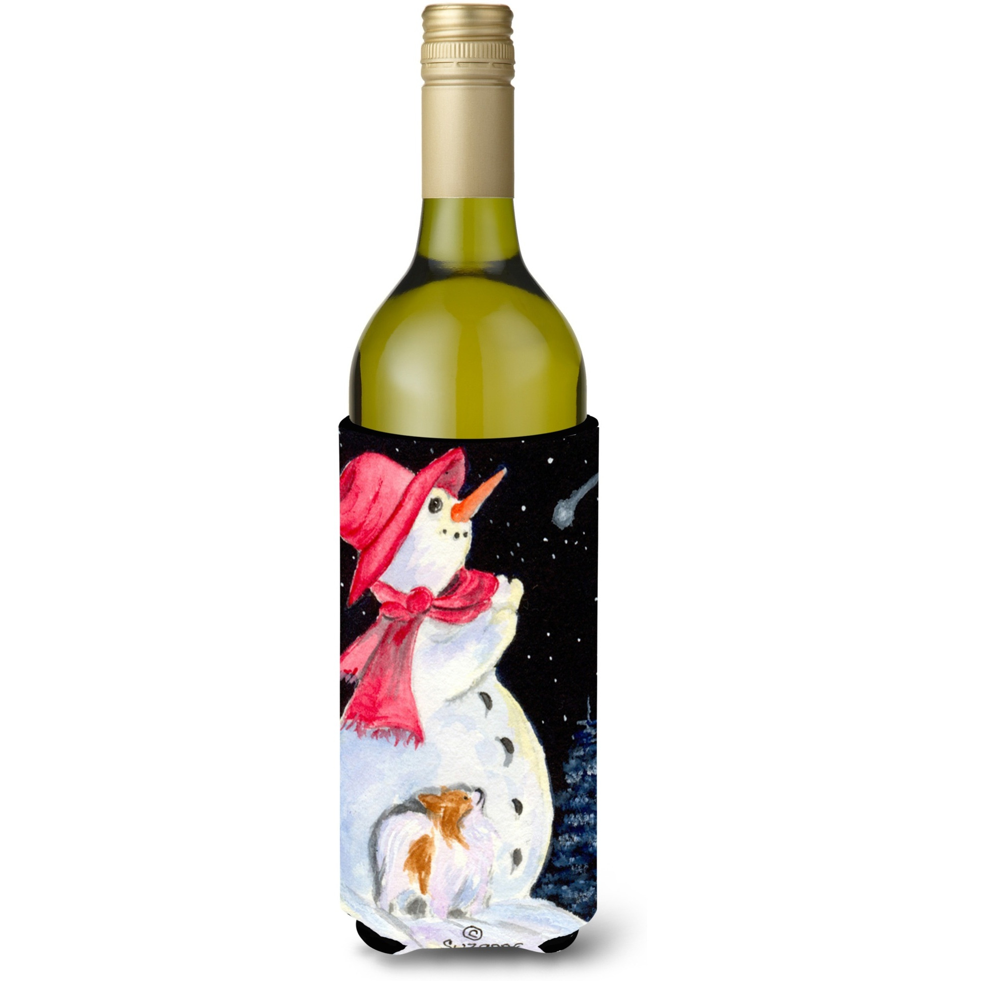 Snowman with Papillon Wine Bottle Beverage Insulator Beverage Insulator Hugger