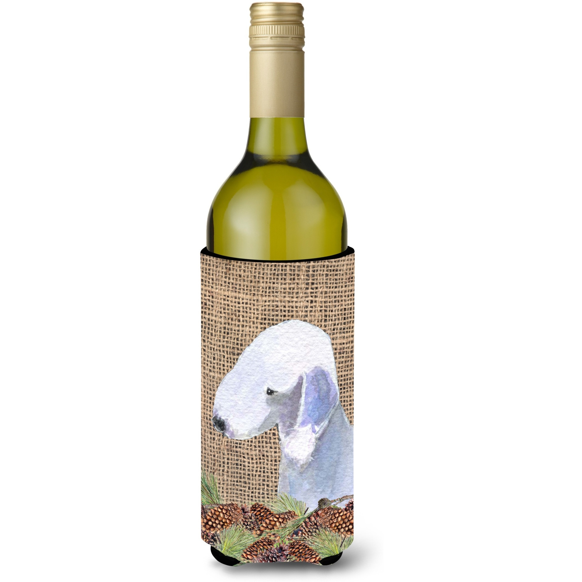 Bedlington Terrier on Faux Burlap with Pine Cones Wine Bottle Beverage Insulator Beverage Insulator Hugger