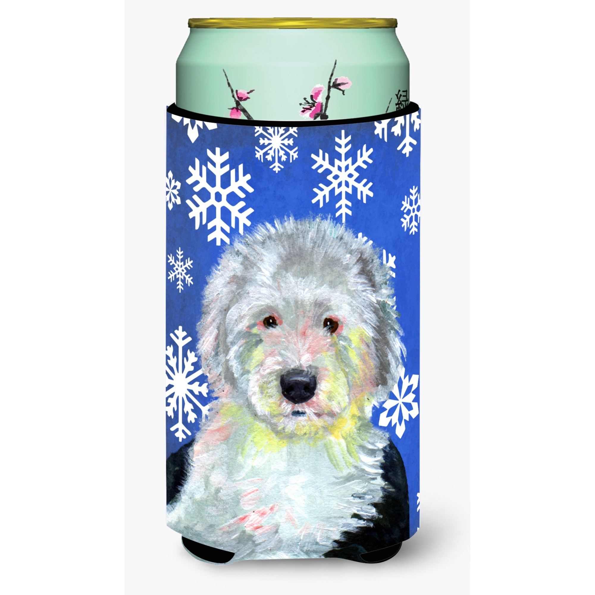 Old English Sheepdog Winter Snowflakes Holiday  Tall Boy Beverage Insulator Beverage Insulator Hugger