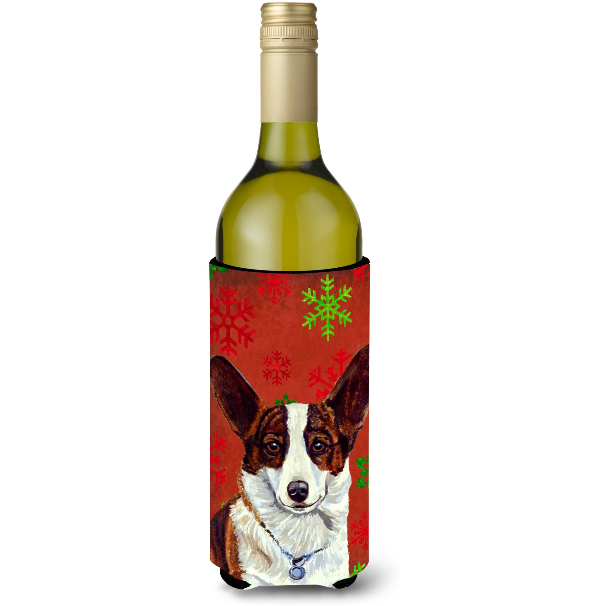 Corgi Red and Green Snowflakes Holiday Christmas Wine Bottle Beverage Insulator Beverage Insulator Hugger