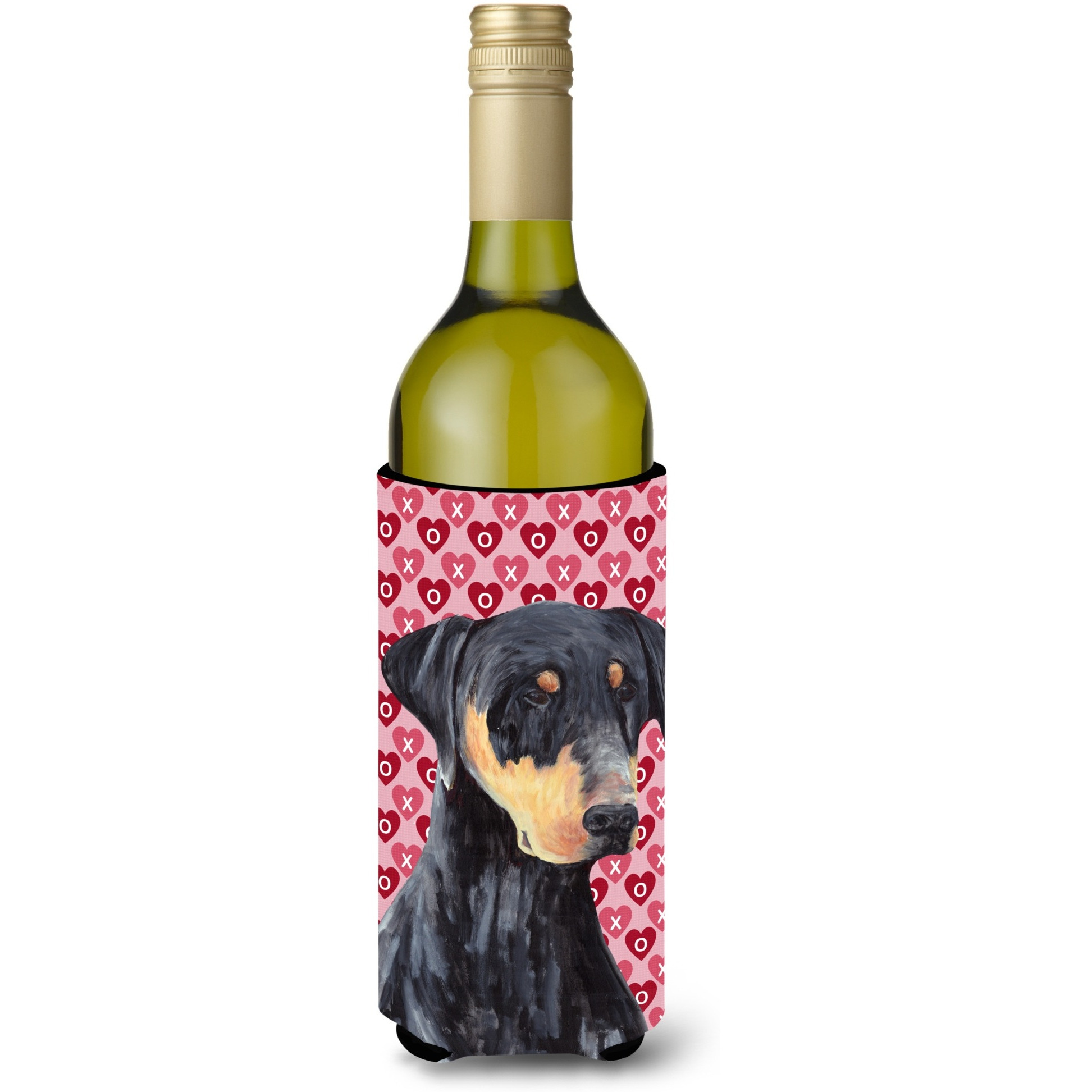 Doberman Hearts Love and Valentine's Day Portrait Wine Bottle Beverage Insulator Beverage Insulator Hugger