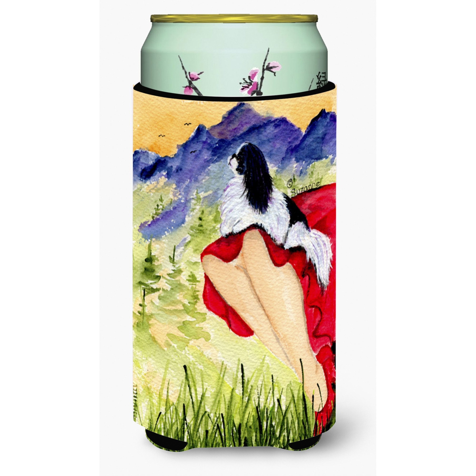 Lady with her Japanese Chin  Tall Boy Beverage Insulator Beverage Insulator Hugger