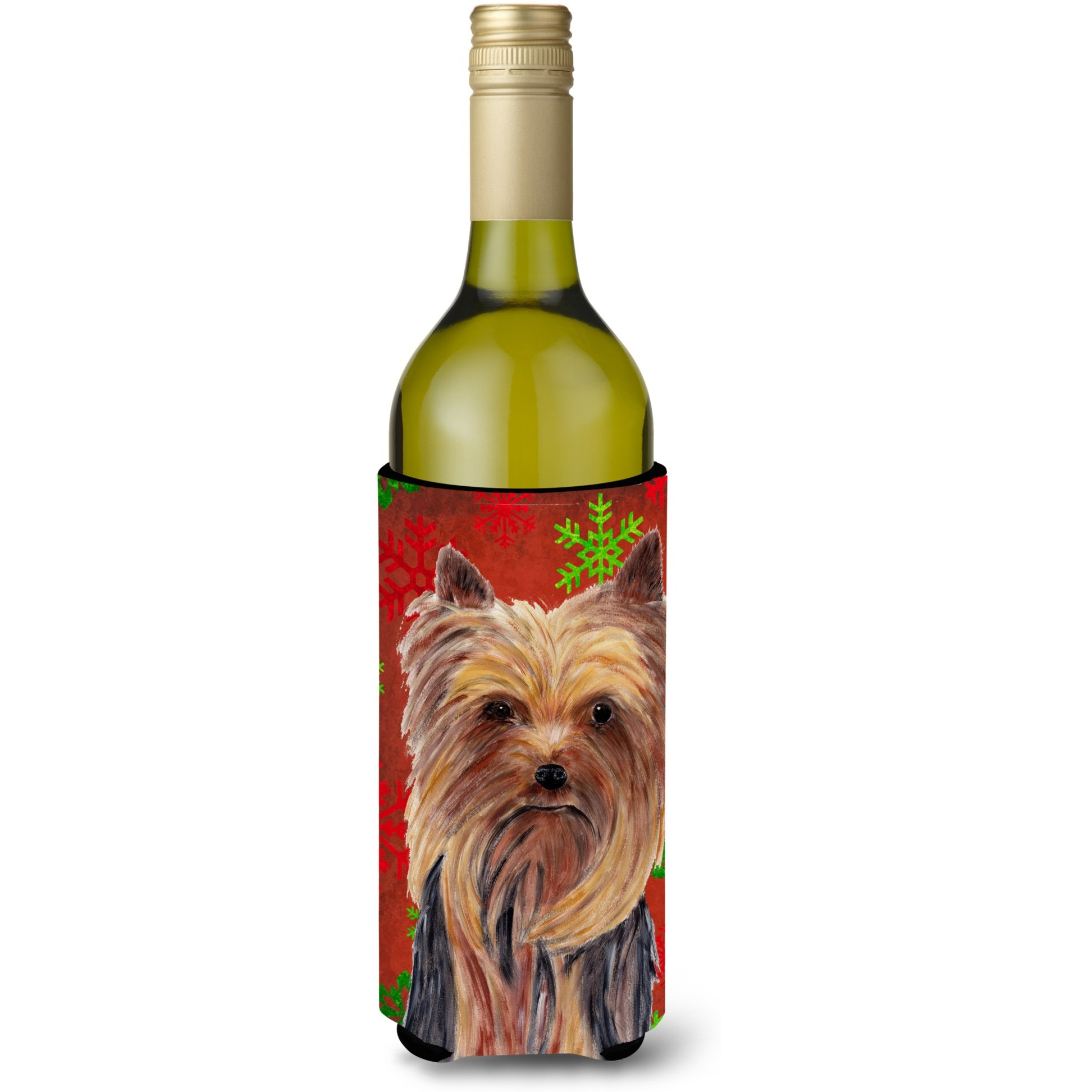 Yorkie Red and Green Snowflakes Holiday Christmas Wine Bottle Beverage Insulator Beverage Insulator Hugger
