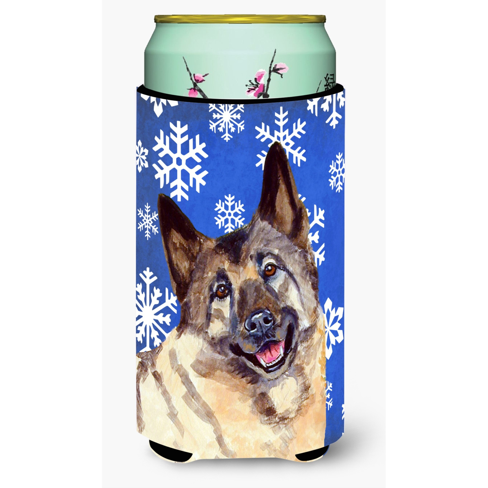 Norwegian Elkhound Winter Snowflakes Holiday  Tall Boy Beverage Insulator Beverage Insulator Hugger