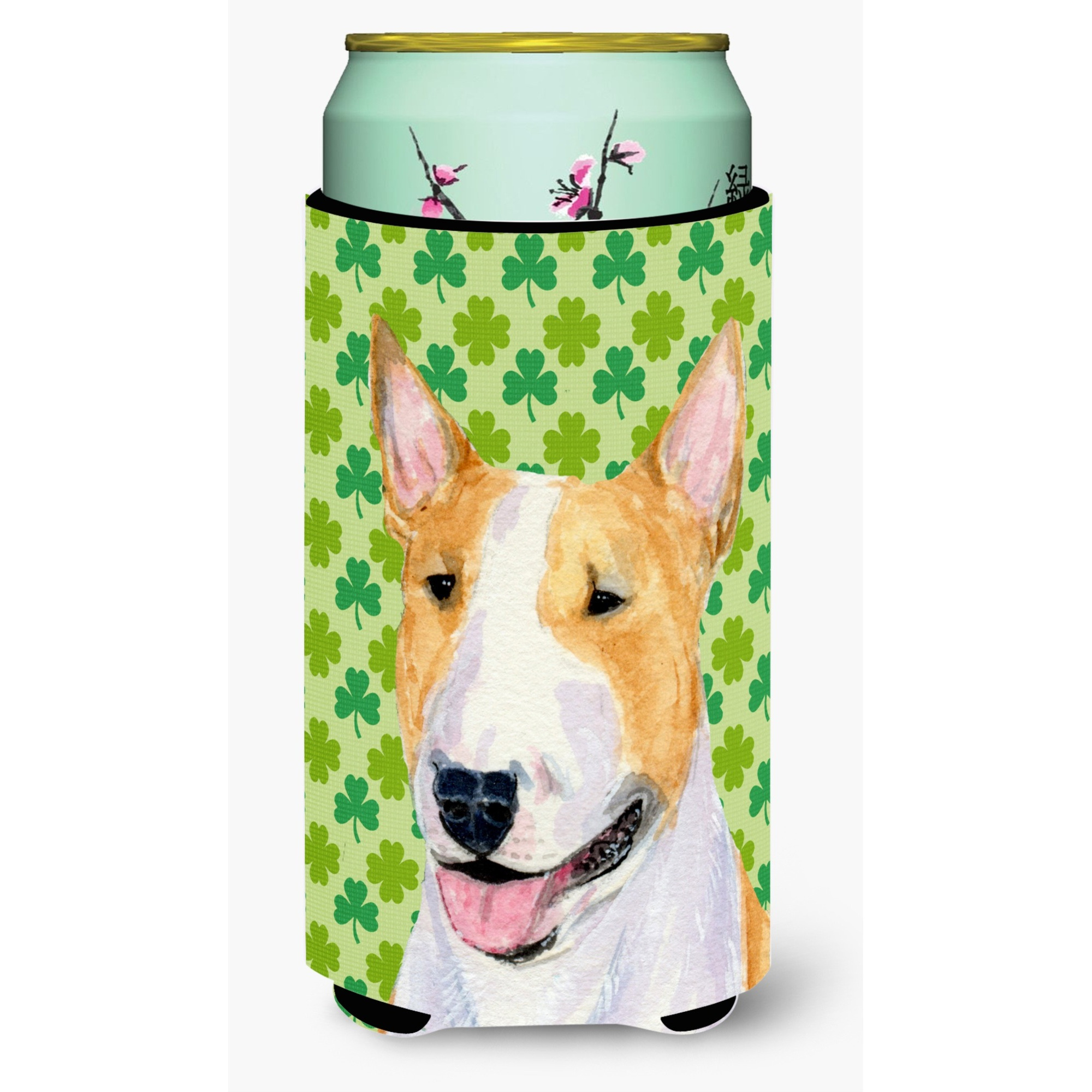 Bull Terrier St. Patrick's Day Shamrock Portrait  Tall Boy Beverage Insulator Beverage Insulator Hugger