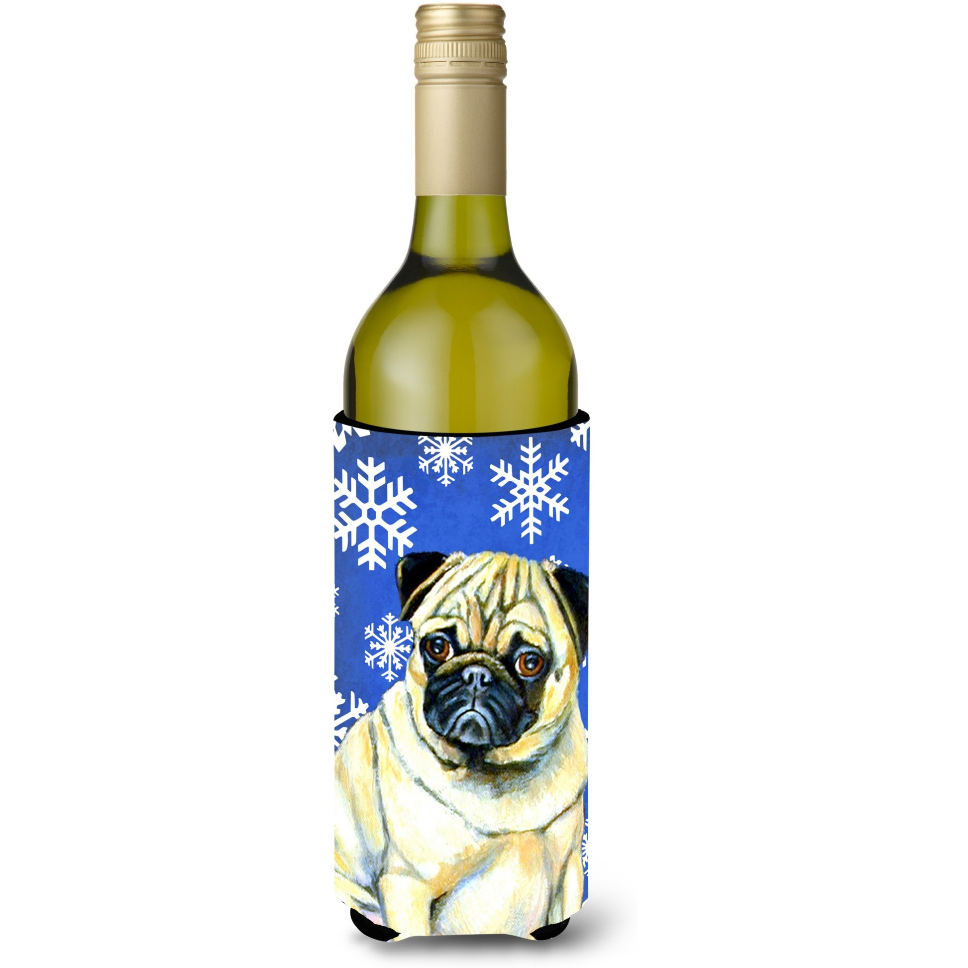 Pug Winter Snowflakes Holiday Wine Bottle Beverage Insulator Beverage Insulator Hugger