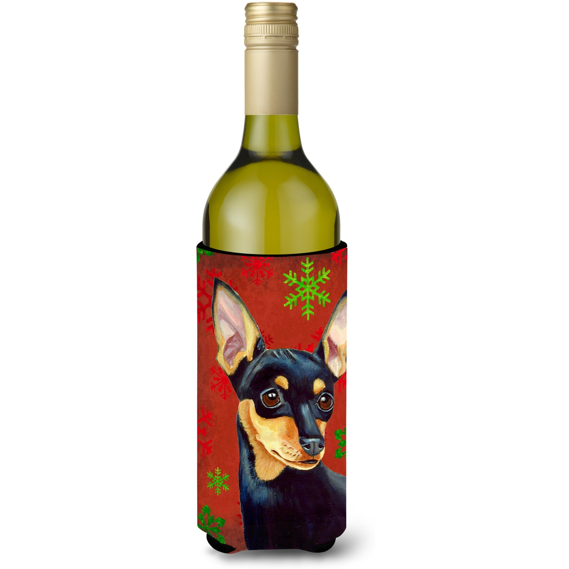 Min Pin Red and Green Snowflakes Holiday Christmas Wine Bottle Beverage Insulator Beverage Insulator Hugger
