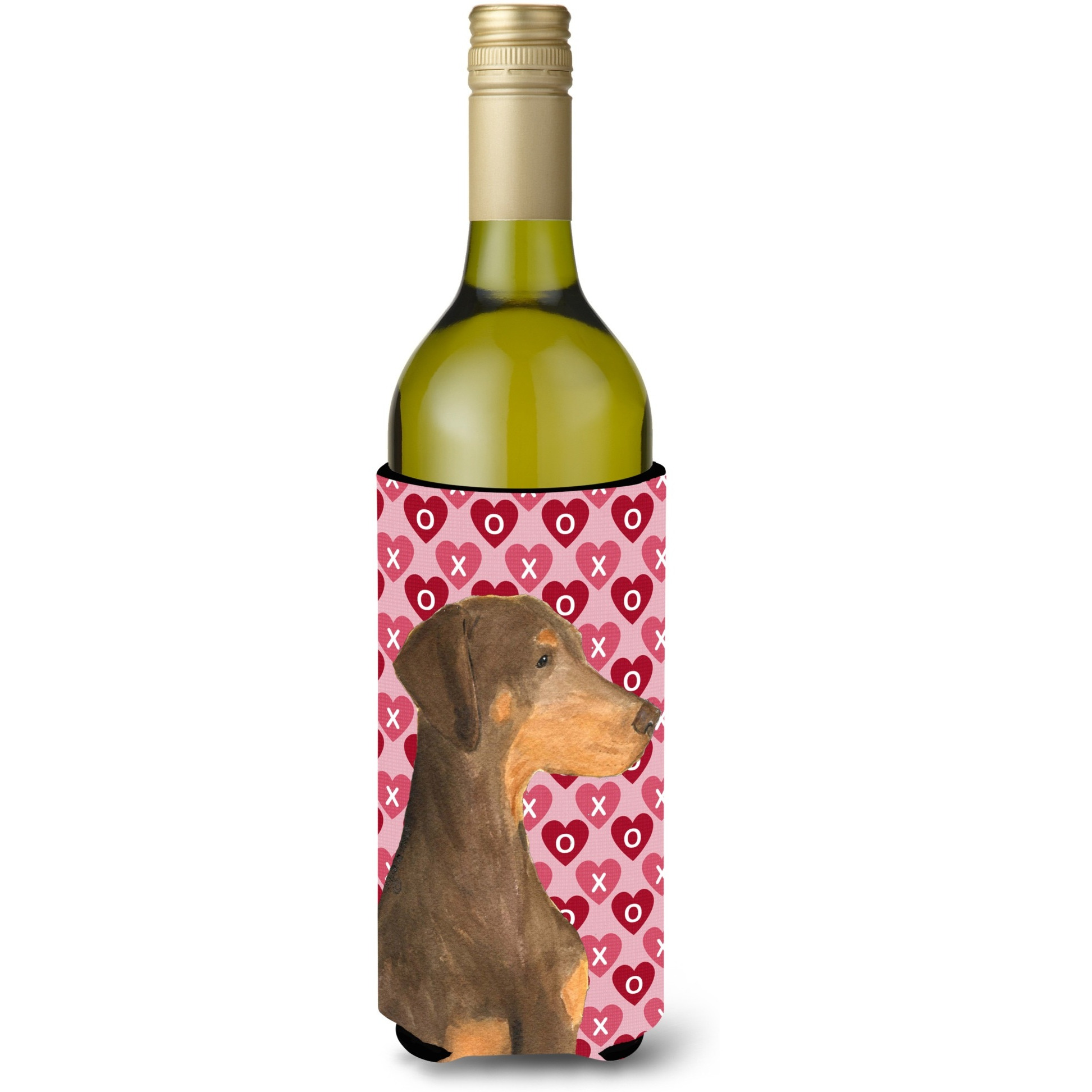Doberman Hearts Love and Valentine's Day Portrait Wine Bottle Beverage Insulator Beverage Insulator Hugger