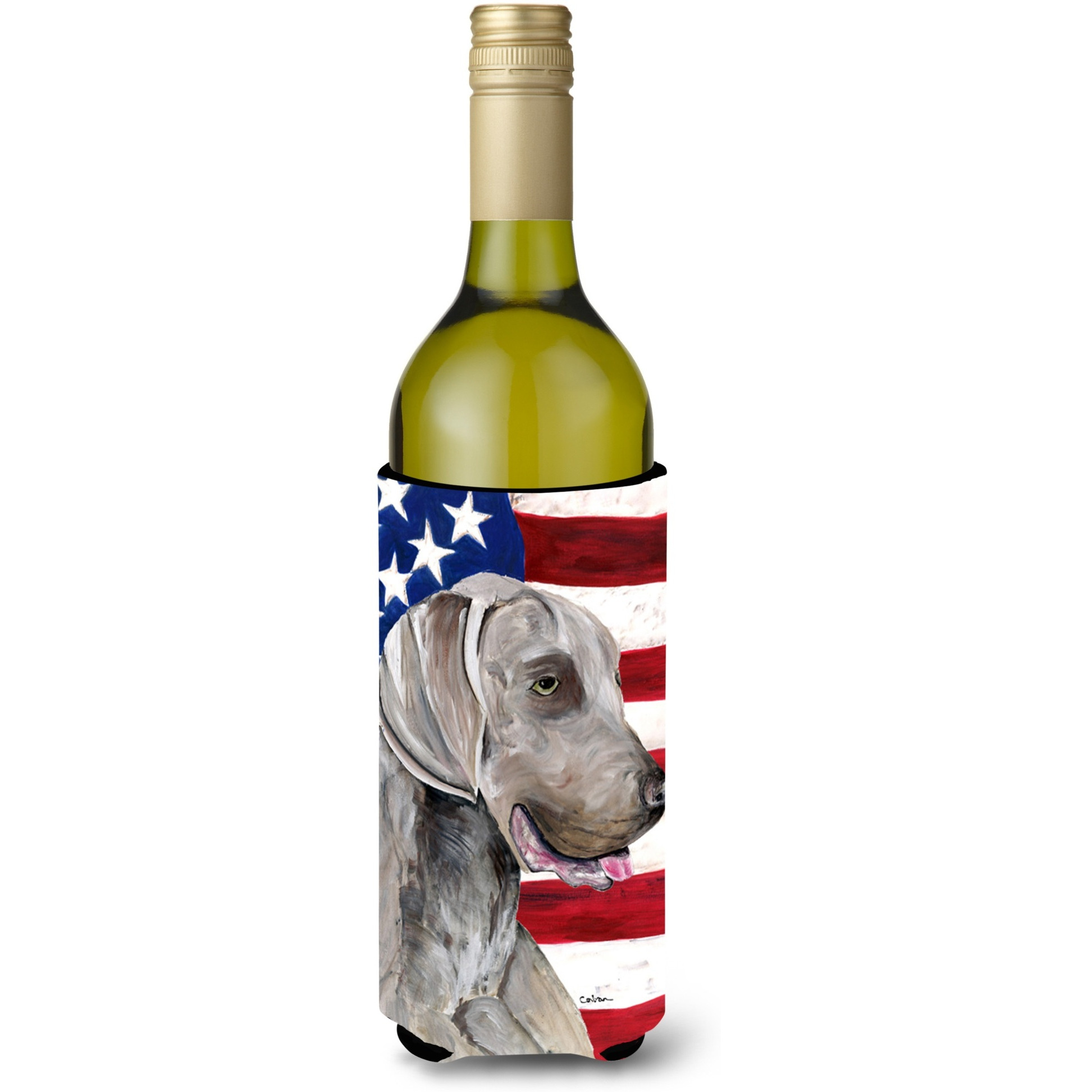 USA American Flag with Weimaraner Wine Bottle Beverage Insulator Beverage Insulator Hugger SC9021LITERK