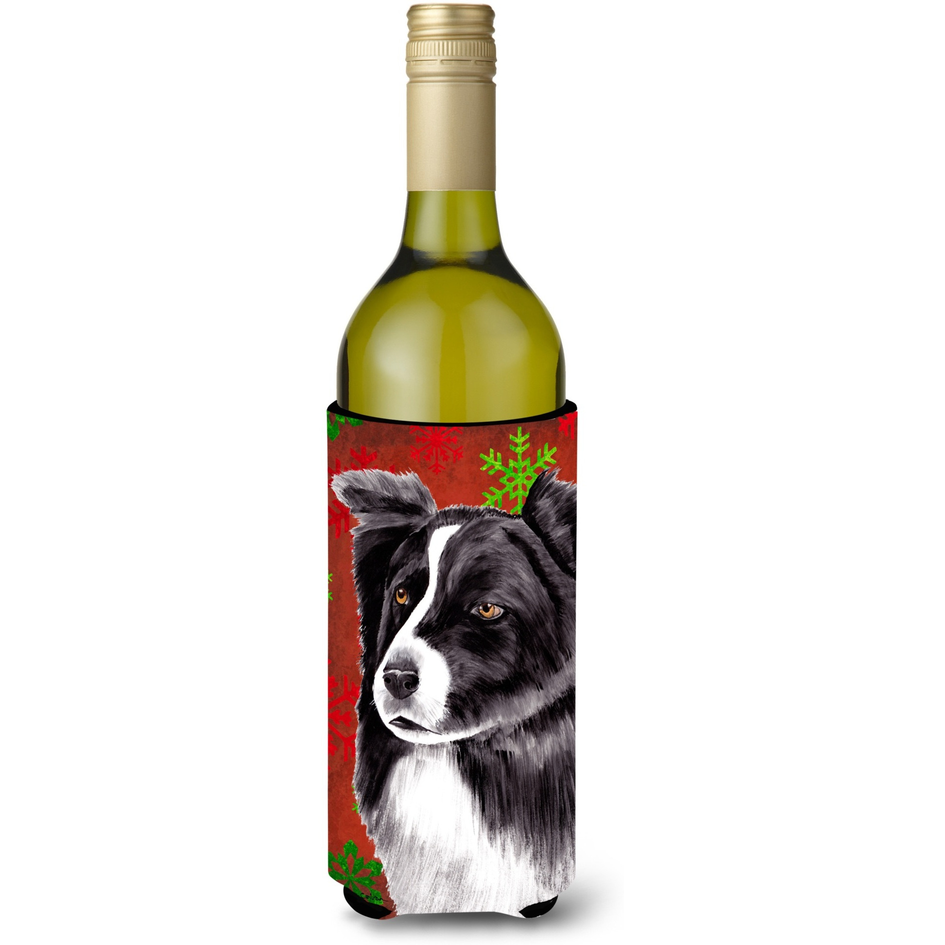 Border Collie  Snowflakes Holiday Christmas Wine Bottle Beverage Insulator Beverage Insulator Hugger