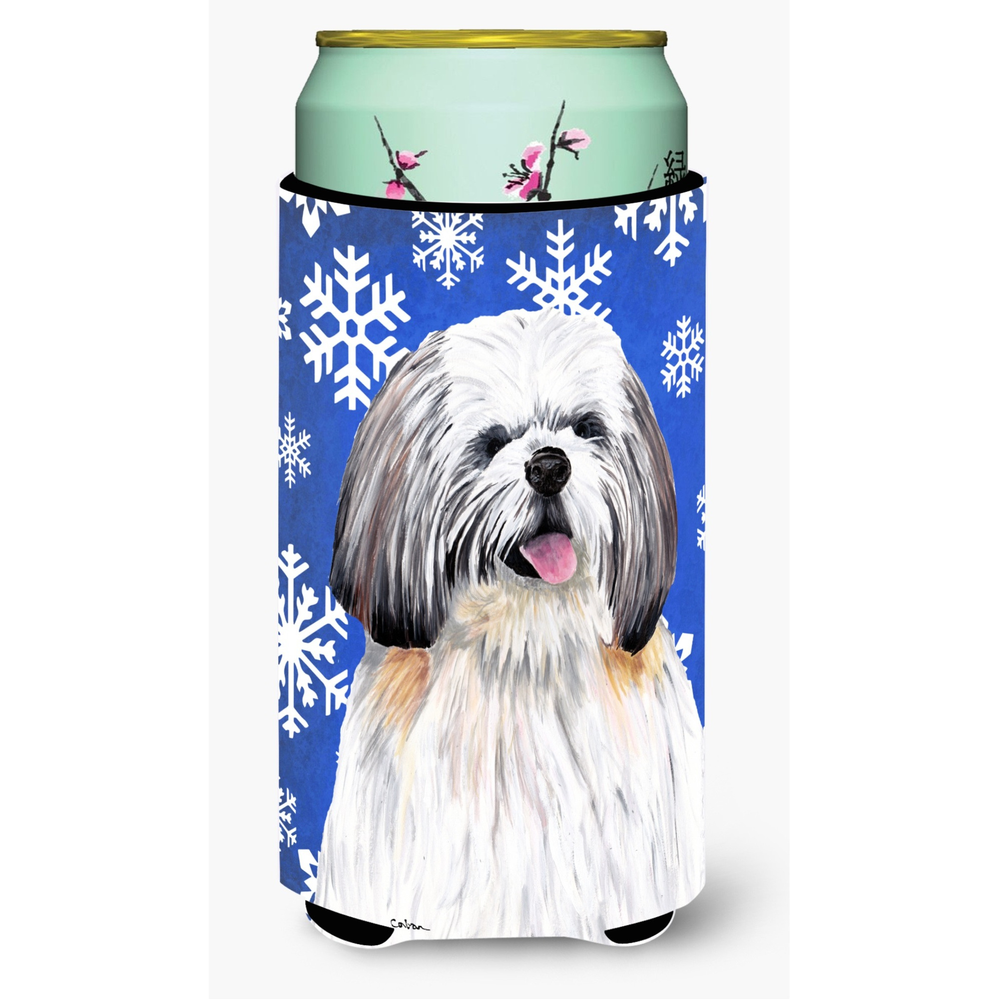 Shih Tzu Winter Snowflakes Holiday  Tall Boy Beverage Insulator Beverage Insulator Hugger