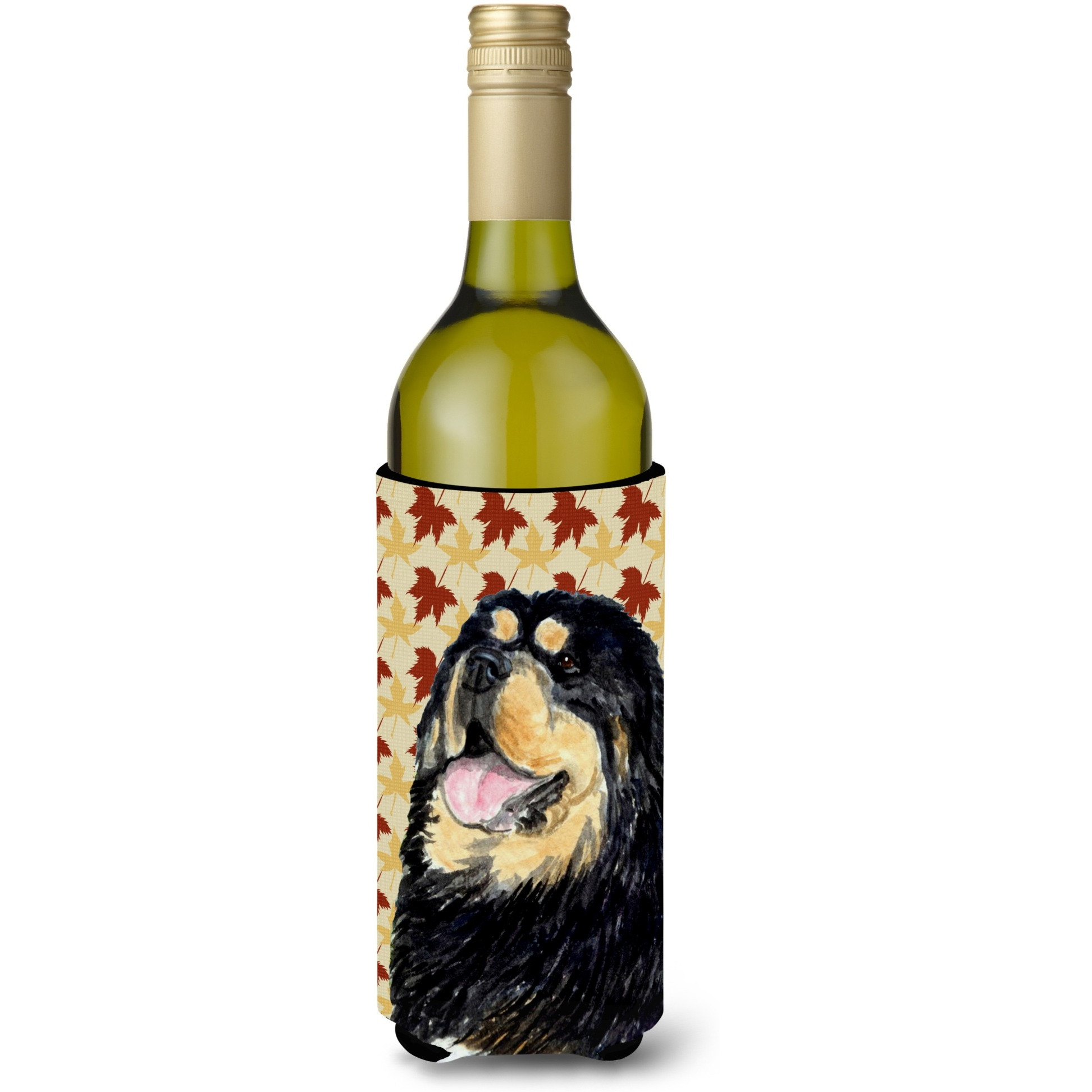 Tibetan Mastiff Fall Leaves Portrait Wine Bottle Beverage Insulator Beverage Insulator Hugger