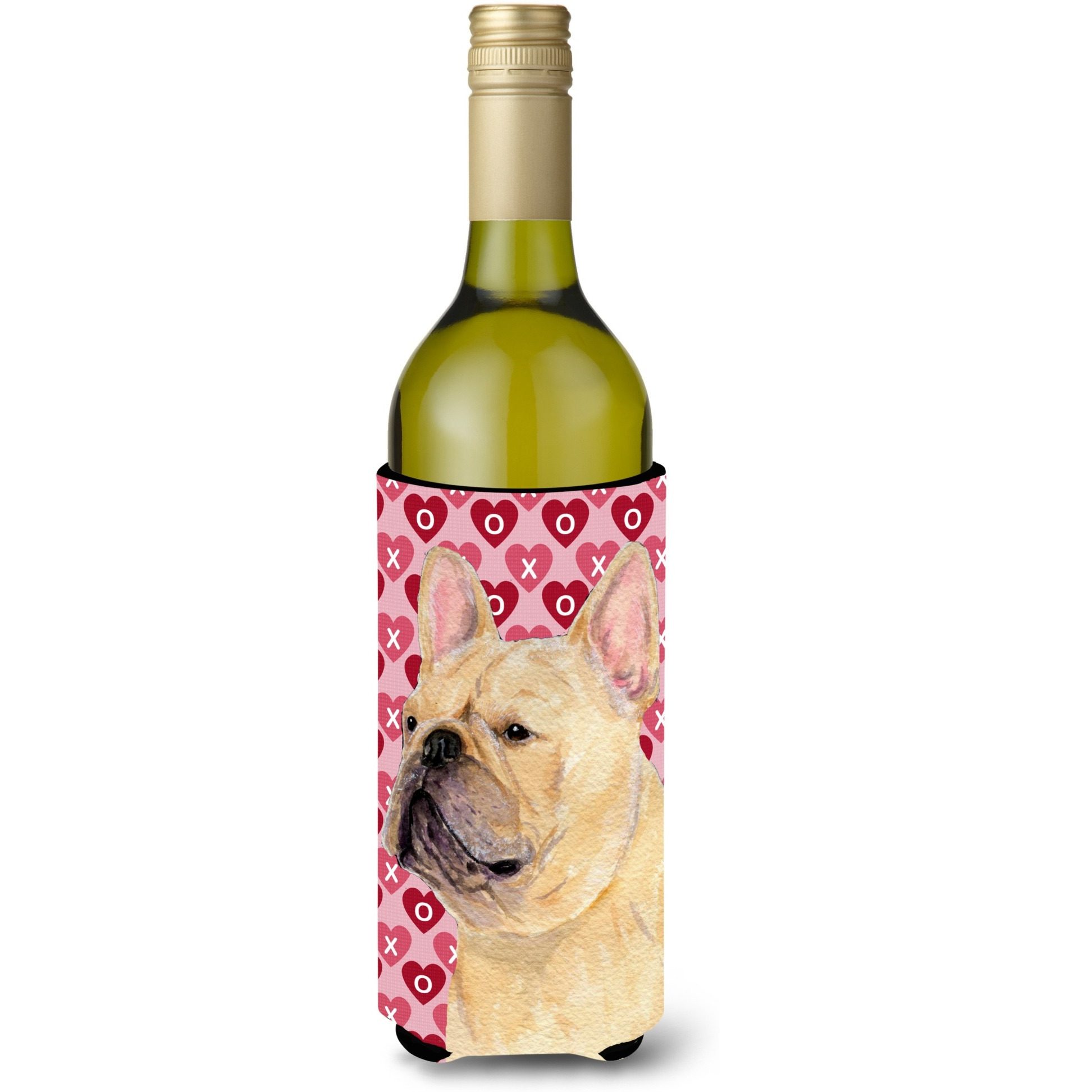French Bulldog Hearts Love  Valentine's Day Portrait Wine Bottle Beverage Insulator Beverage Insulator Hugger