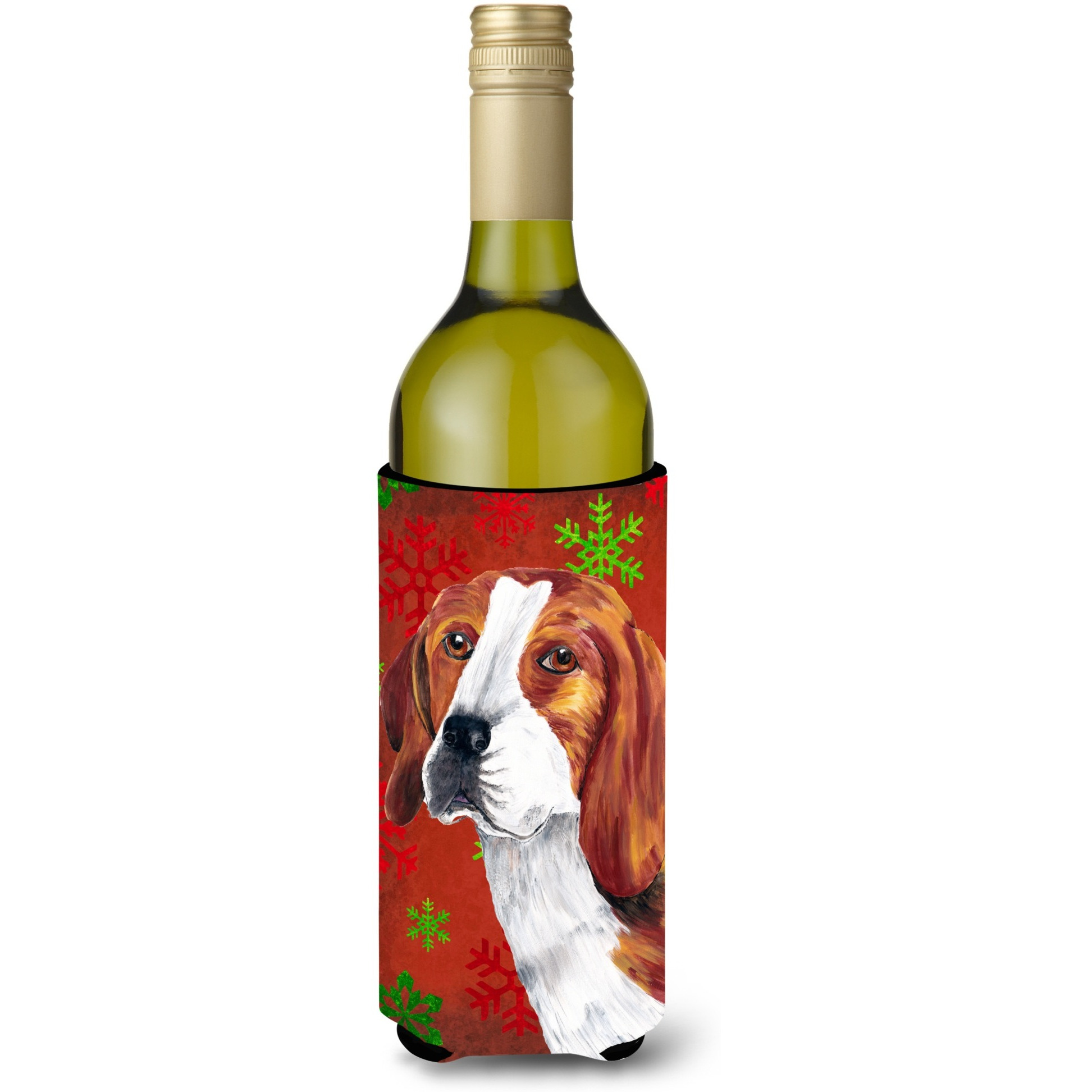 Beagle Red and Green Snowflakes Holiday Christmas Wine Bottle Beverage Insulator Beverage Insulator Hugger