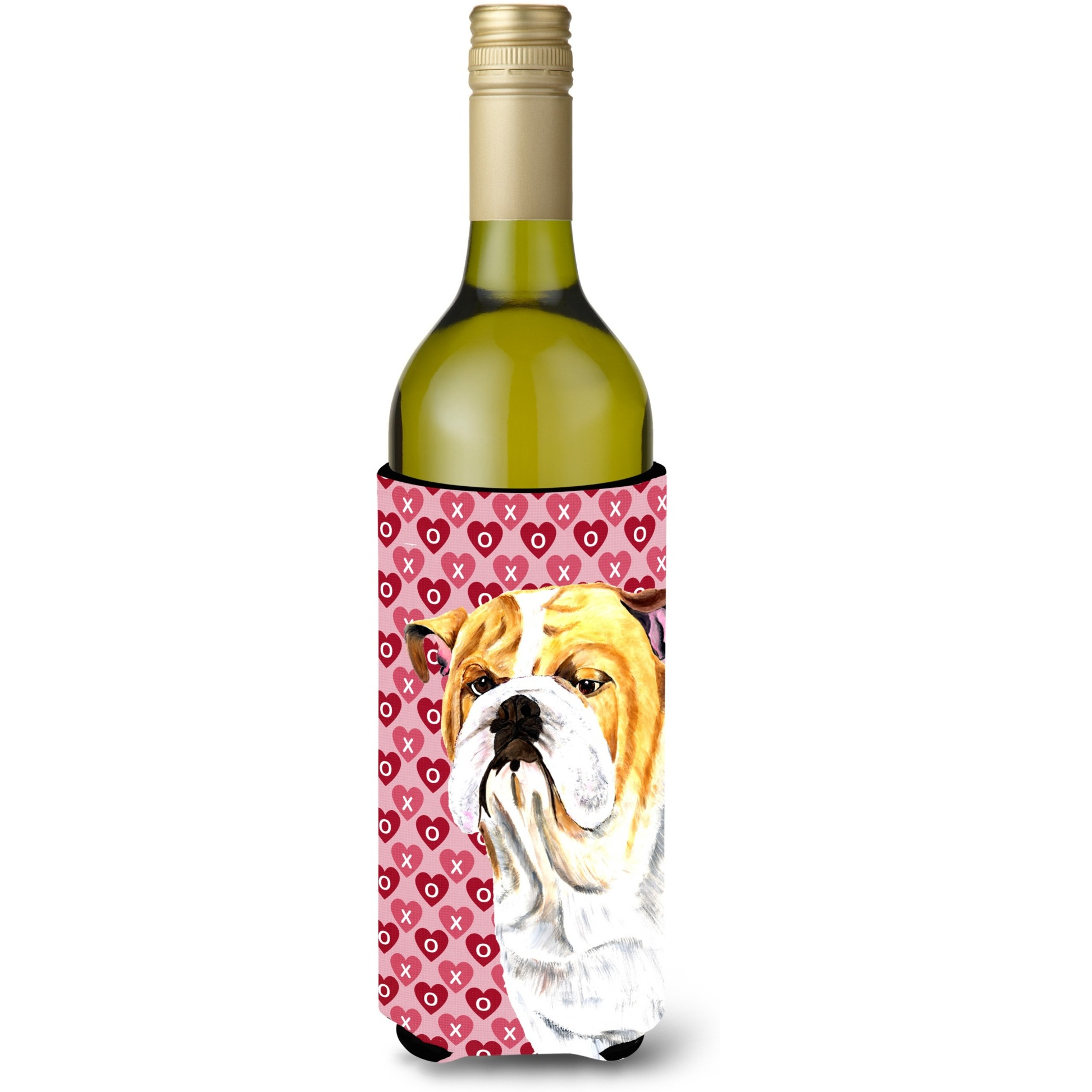 Bulldog English Hearts Love Valentine's Day Portrait Wine Bottle Beverage Insulator Beverage Insulator Hugger