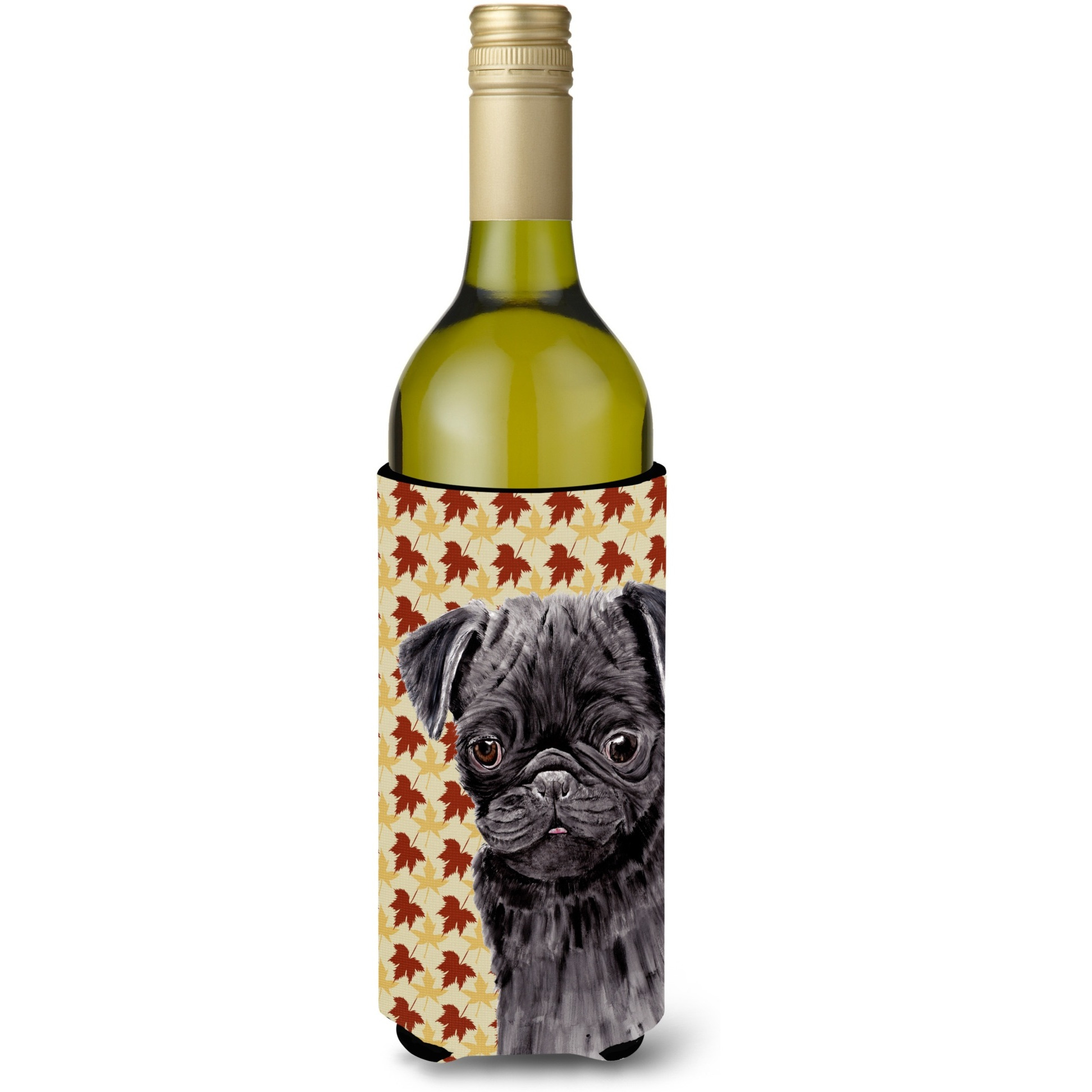 Pug Black Fall Leaves Portrait Wine Bottle Beverage Insulator Beverage Insulator Hugger